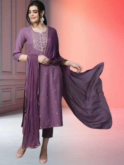     			TRIONZA Women Rayon Embroidered A-line Kurti With Pants ( Lavendar )