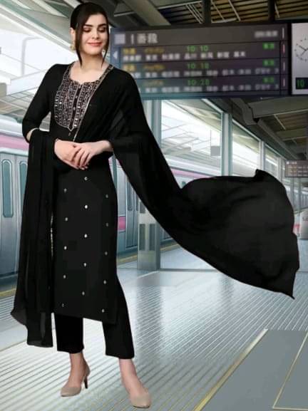     			TRIONZA Women Rayon Embroidered A-line Kurti With Pants ( Black )
