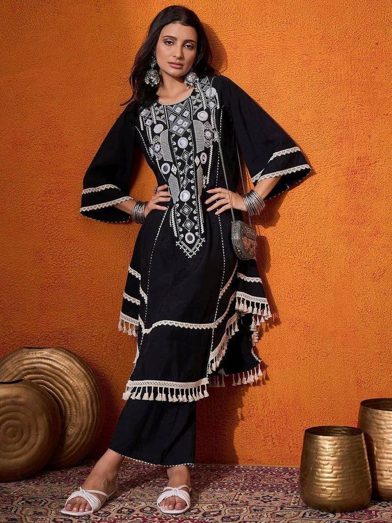     			Topshop Fashion Women Rayon Embroidered Anarkali Kurti With Palazzo ( Black )