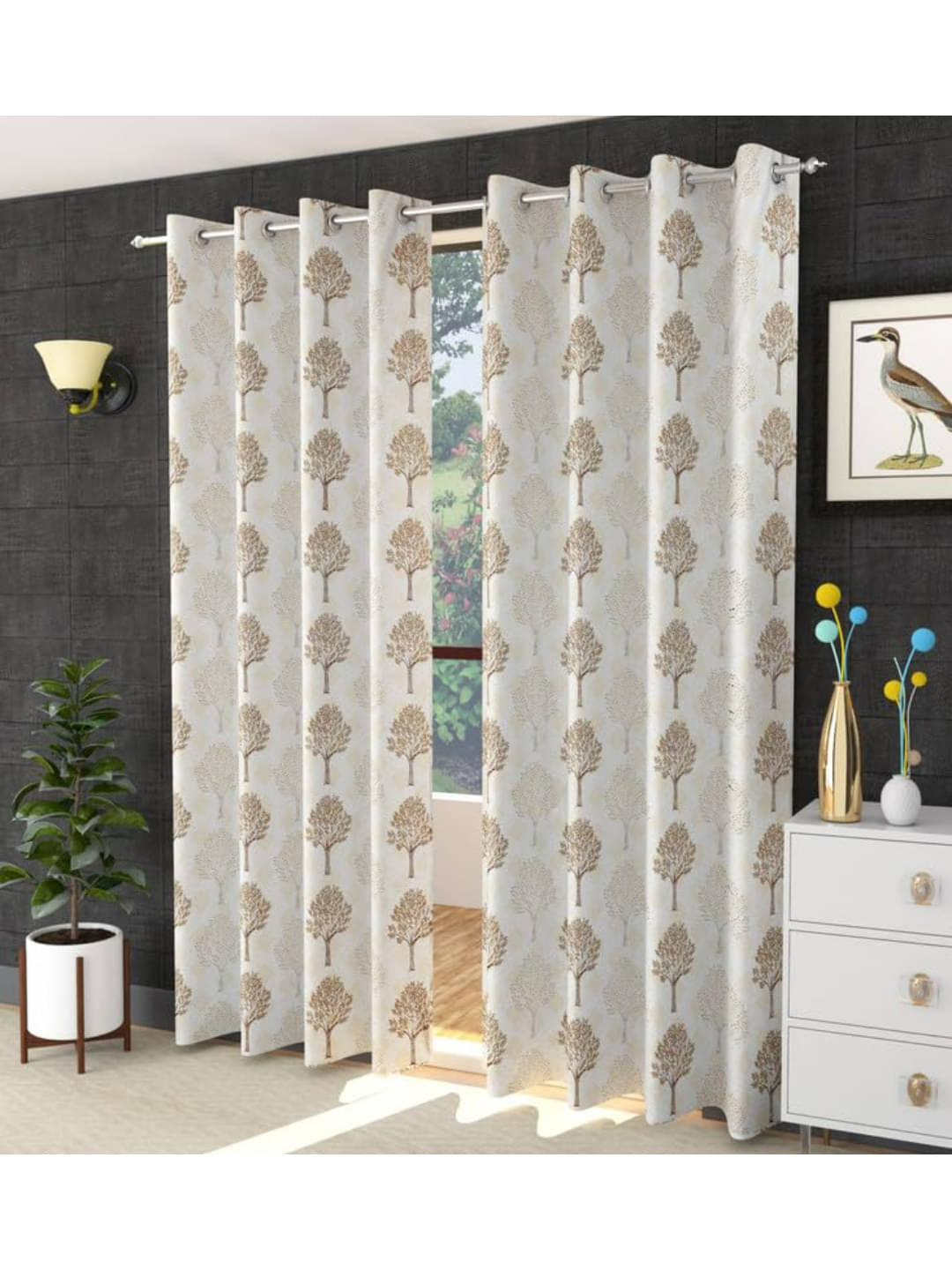     			UrbanArts Floral Room Darkening Eyelet Curtain 9 ft ( Pack of 2 ) - Gold