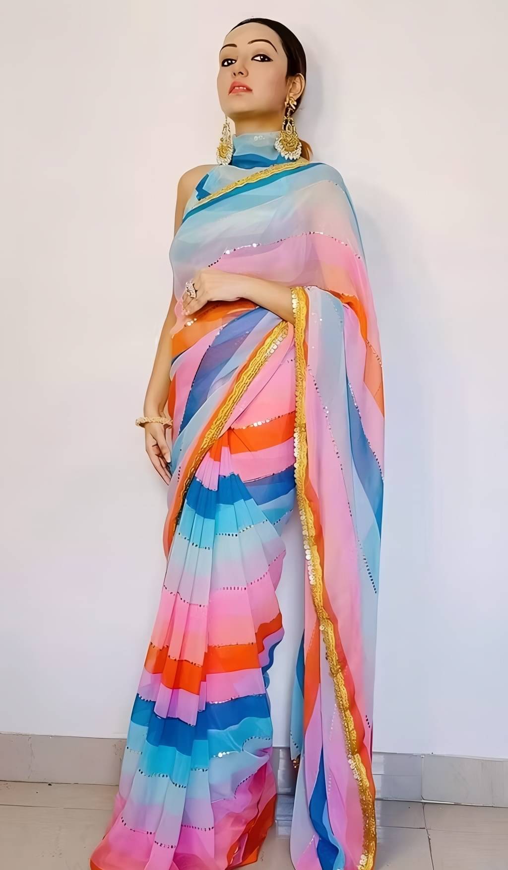 V FANCY Georgette Striped Chikankari Saree With Stitched Blouse ( Multicolor ) V FANCY Georgette Striped Chikankari Saree With Stitched Blouse ( Multicolor )