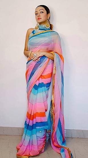 V FANCY Georgette Striped Kanjeevaram Sarees With Stitched Blouse ( Multicolor ) V FANCY Georgette Striped Kanjeevaram Sarees With Stitched Blouse ( Multicolor )