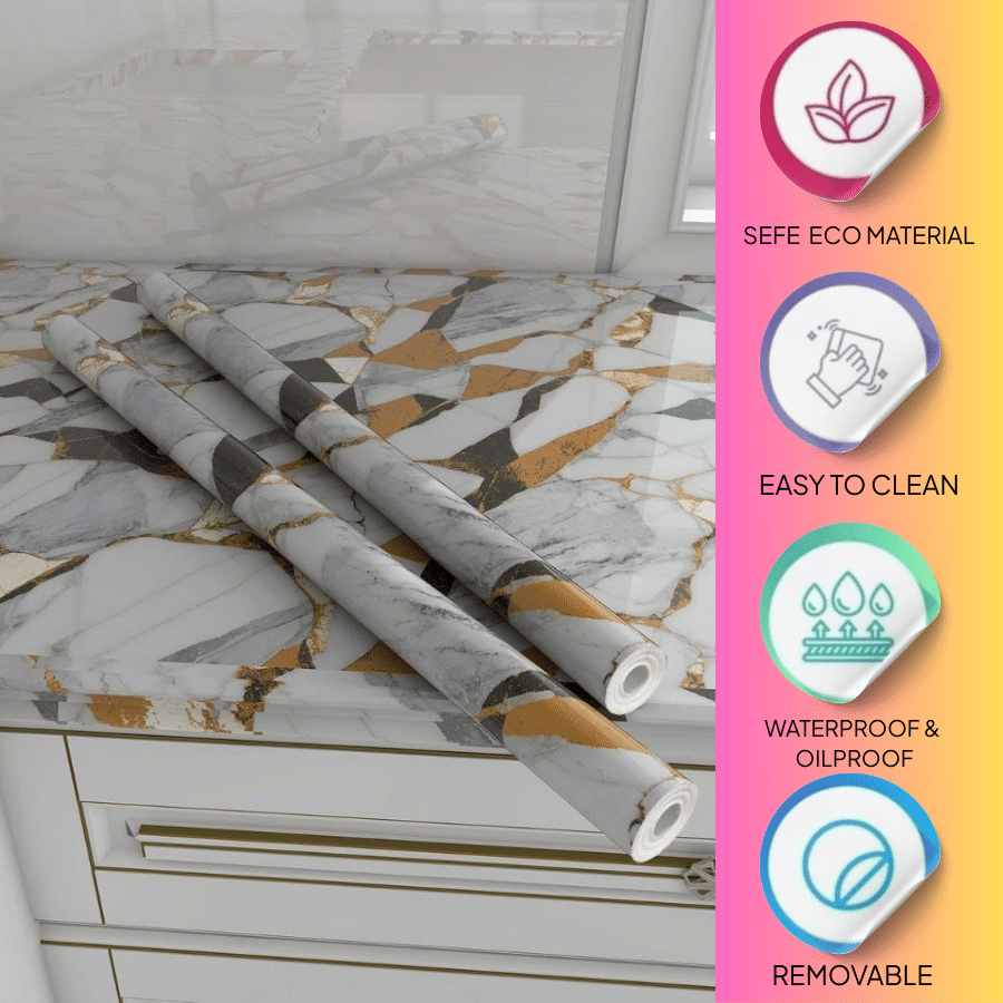     			ZAPPYPOP  White Gold Black Multicolor Marble Wallpaper Roll | Self Adhesive Waterproof Oilproof Countertop Sticker | Vinyl Wallpaper (60 x 200 cm)(Pack of 3)