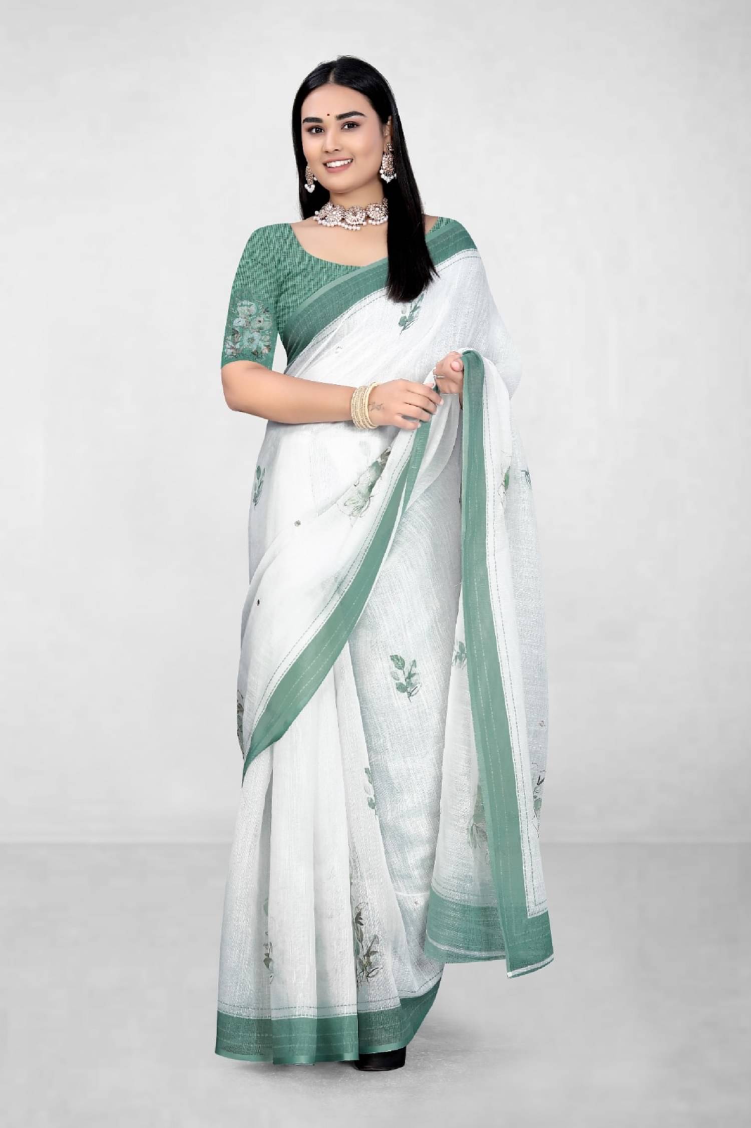supalee Tex Linen Printed Regular Saree With Unstitched Blouse Piece ( Green ) supalee Tex Linen Printed Regular Saree With Unstitched Blouse Piece ( Green )