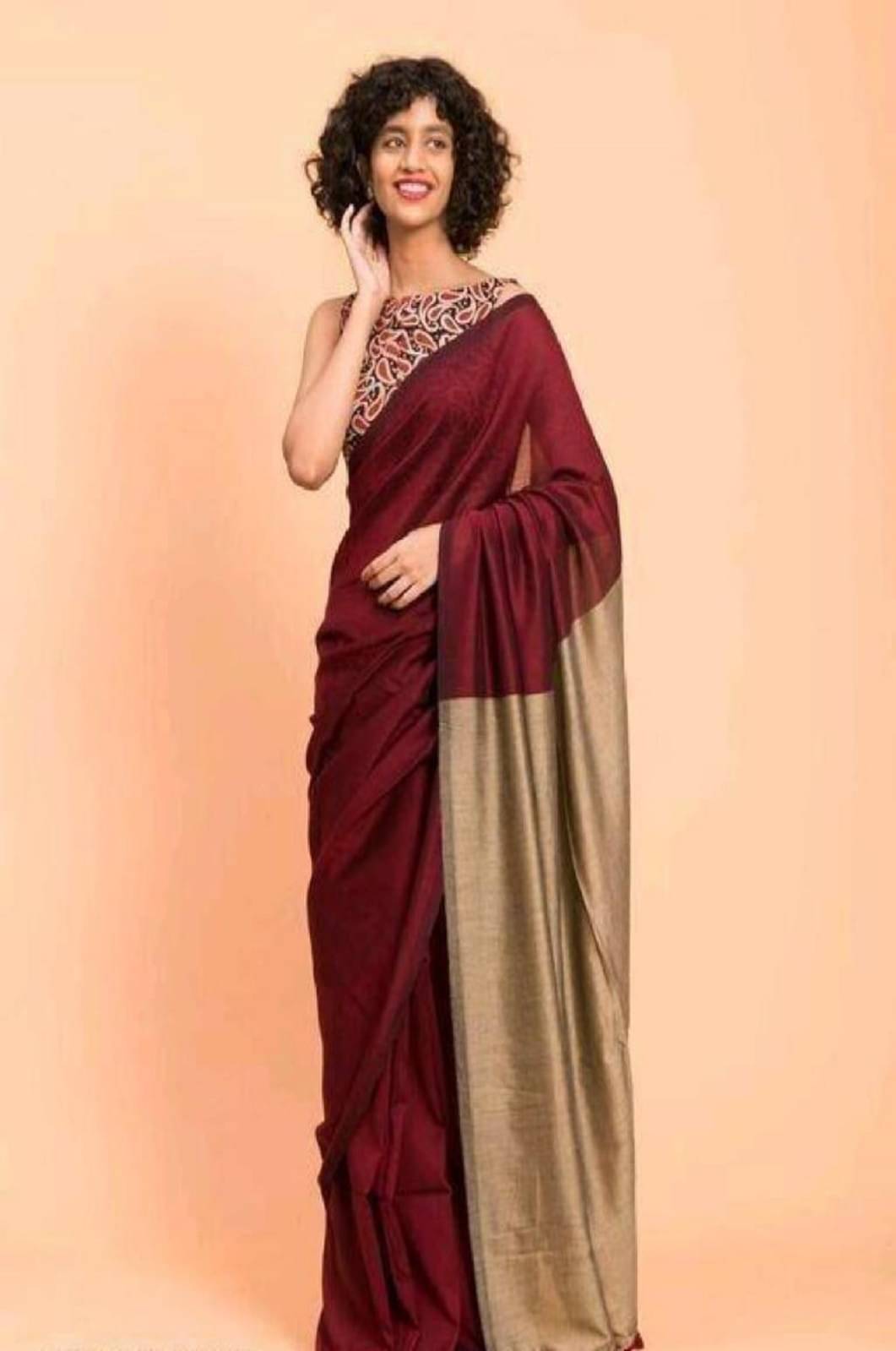     			BRYNBRIT Chanderi Self Design Chanderi saree With Unstitched Blouse Piece ( Red,Khaki )
