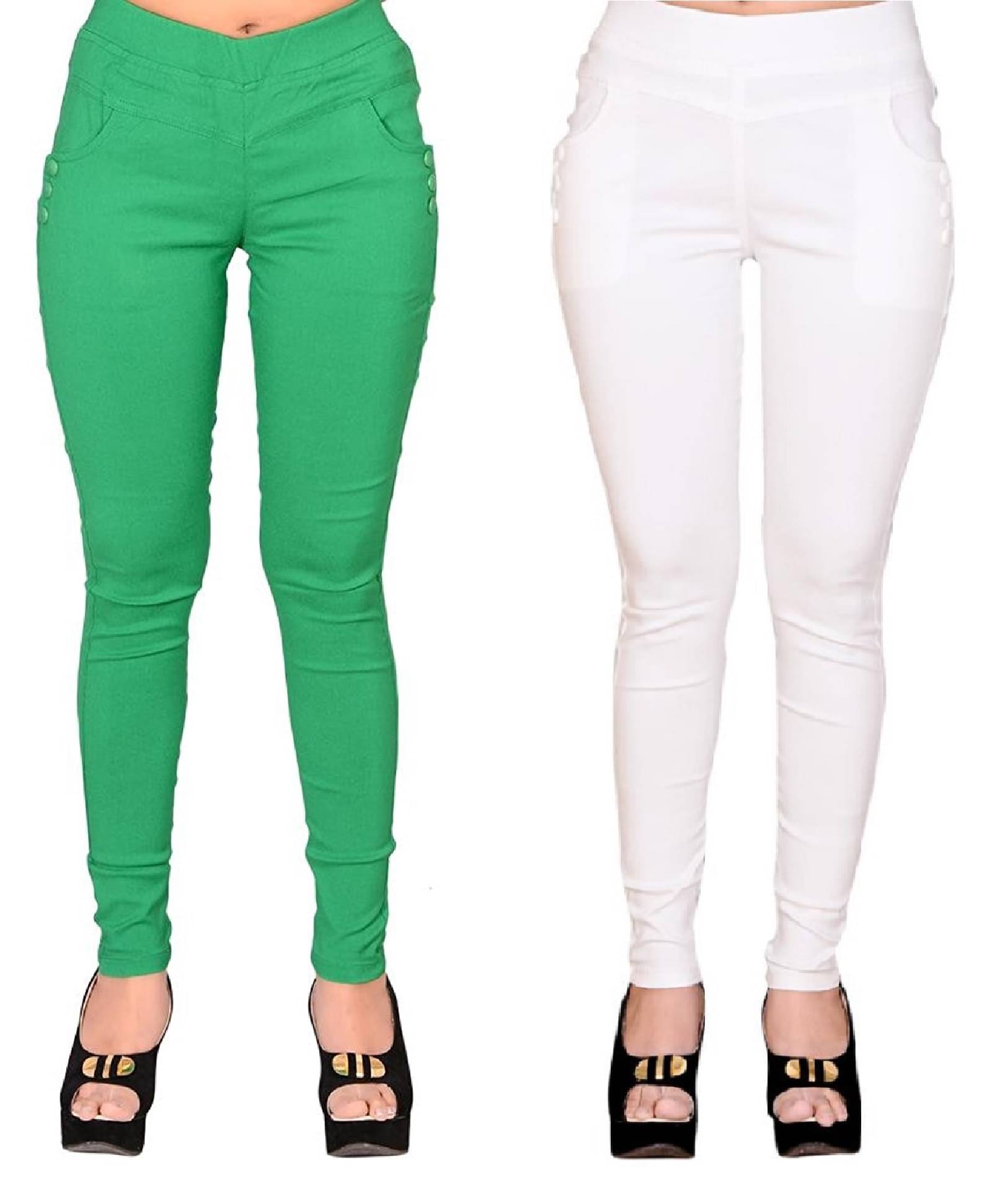     			FeelBlue Women Cotton Blend Skinny Fit Jegging ( Green,White )