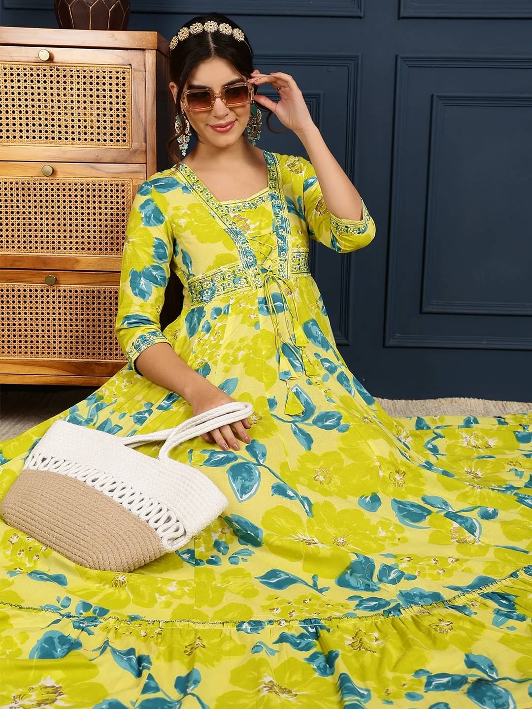 Gulmohar Jaipur Women Cotton Blend Anarkali Stitched Ethnic Gown ( Lime Green )     			Gulmohar Jaipur Women Cotton Blend Anarkali Stitched Ethnic Gown ( Lime Green )