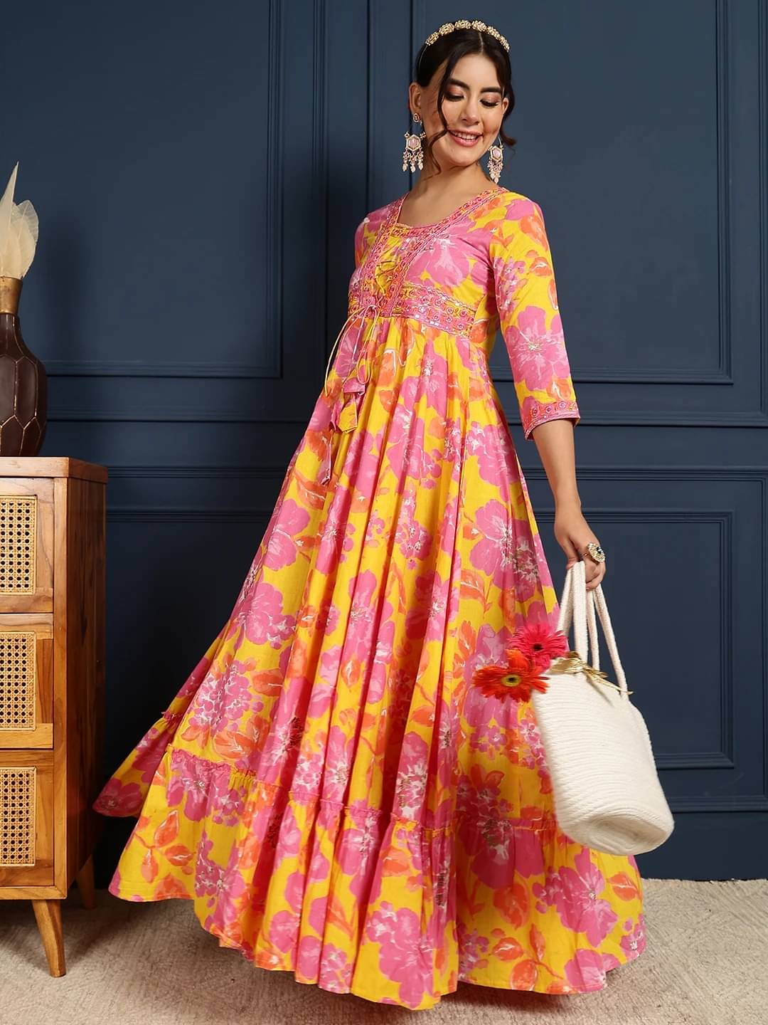 Gulmohar Jaipur Women Cotton Blend Anarkali Stitched Ethnic Gown ( Yellow ) Gulmohar Jaipur Women Cotton Blend Anarkali Stitched Ethnic Gown ( Yellow )