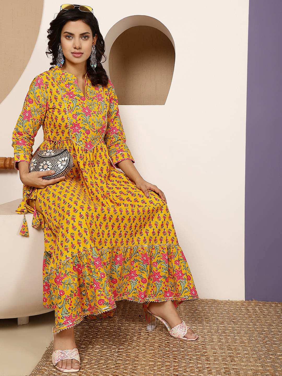 Gulmohar Jaipur Women Cotton Flared Stitched Ethnic Gown ( Mustard ) Gulmohar Jaipur Women Cotton Flared Stitched Ethnic Gown ( Mustard )