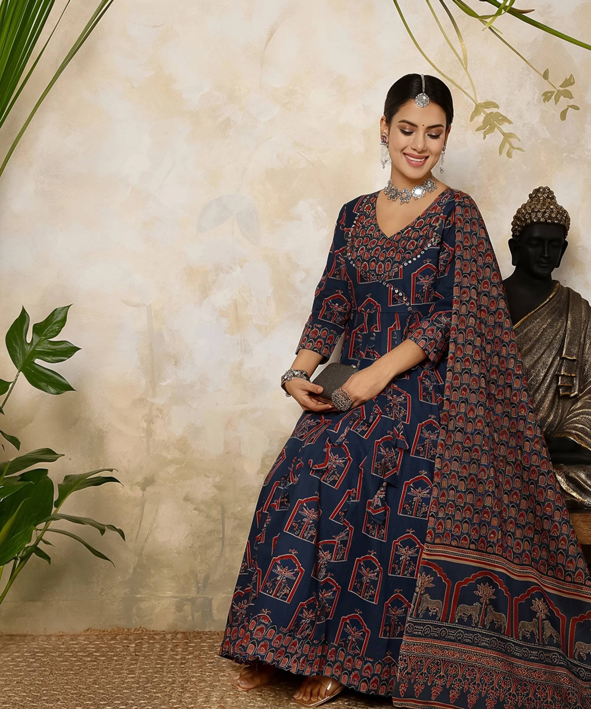 Gulmohar Jaipur Women Cotton Printed Flared Kurti With Palazzo ( Navy Blue ) Gulmohar Jaipur Women Cotton Printed Flared Kurti With Palazzo ( Navy Blue )