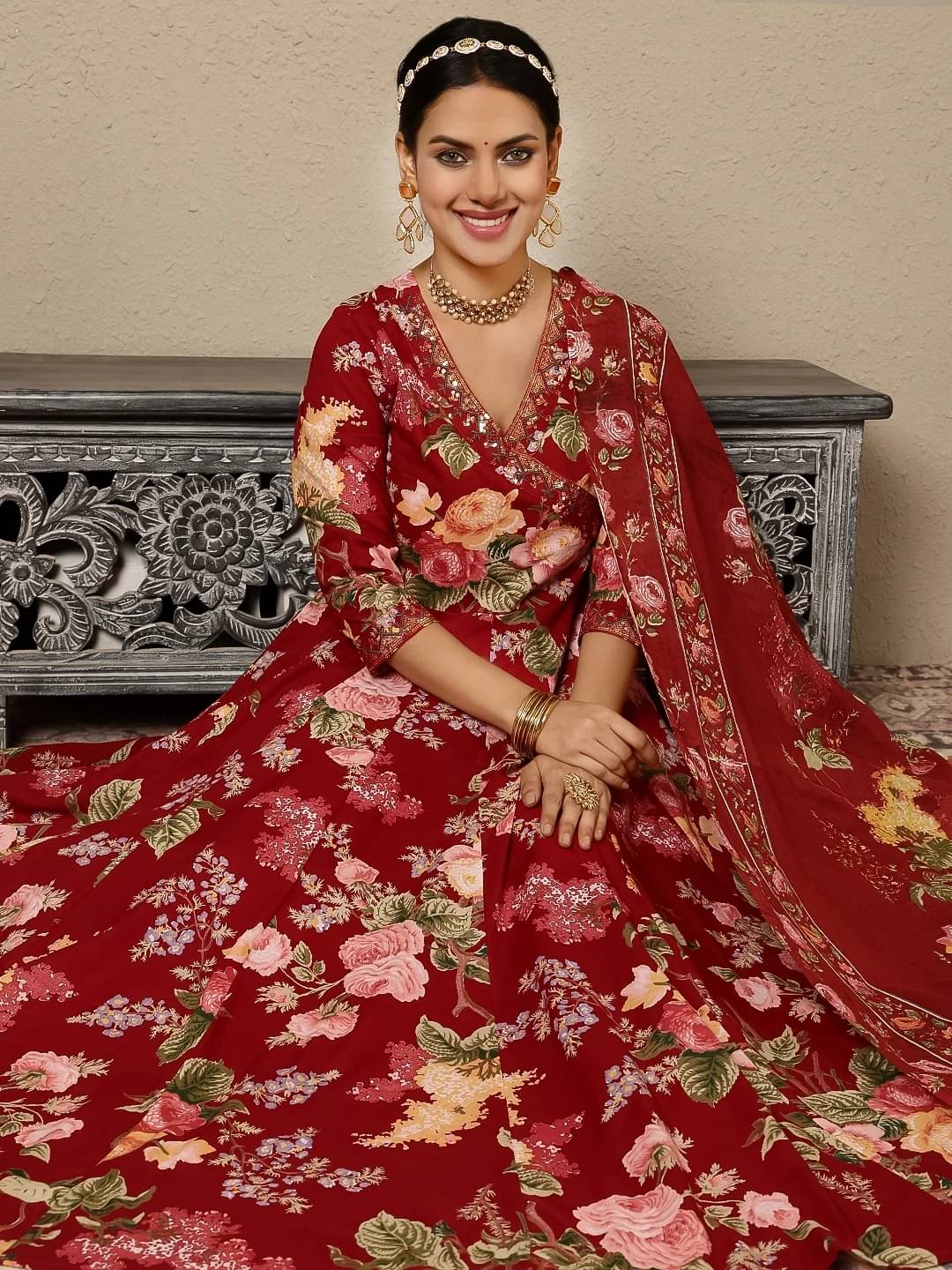     			Gulmohar Jaipur Women Cotton Printed Flared Kurti With Palazzo ( Maroon )