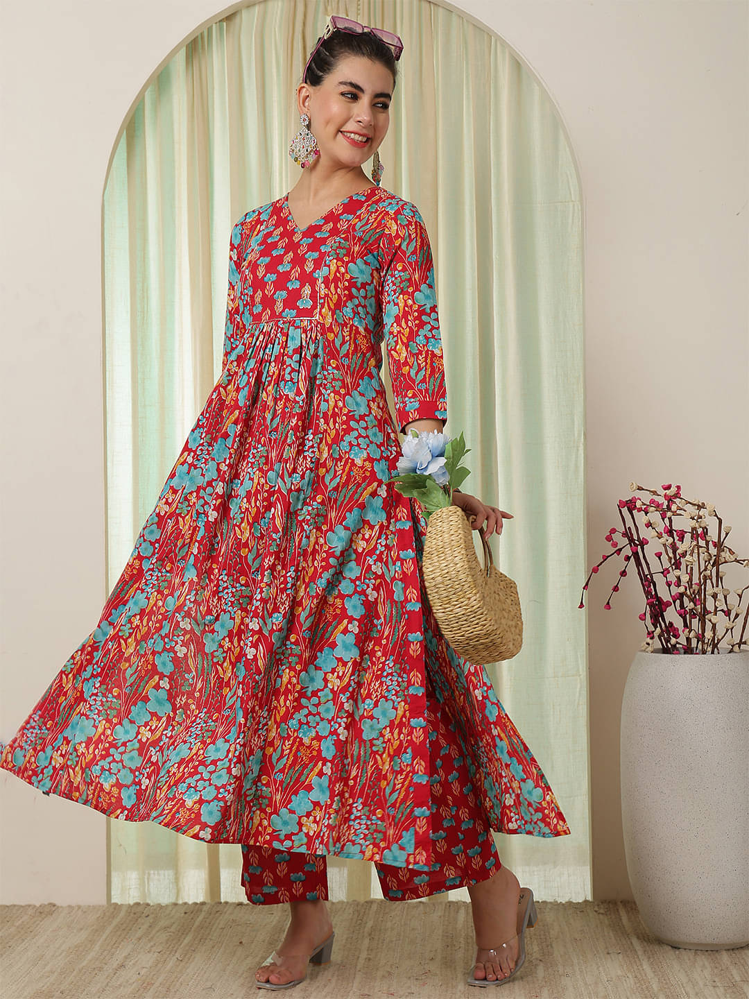 Gulmohar Jaipur Women Cotton Printed Flared Kurti With Palazzo ( Pink ) Gulmohar Jaipur Women Cotton Printed Flared Kurti With Palazzo ( Pink )