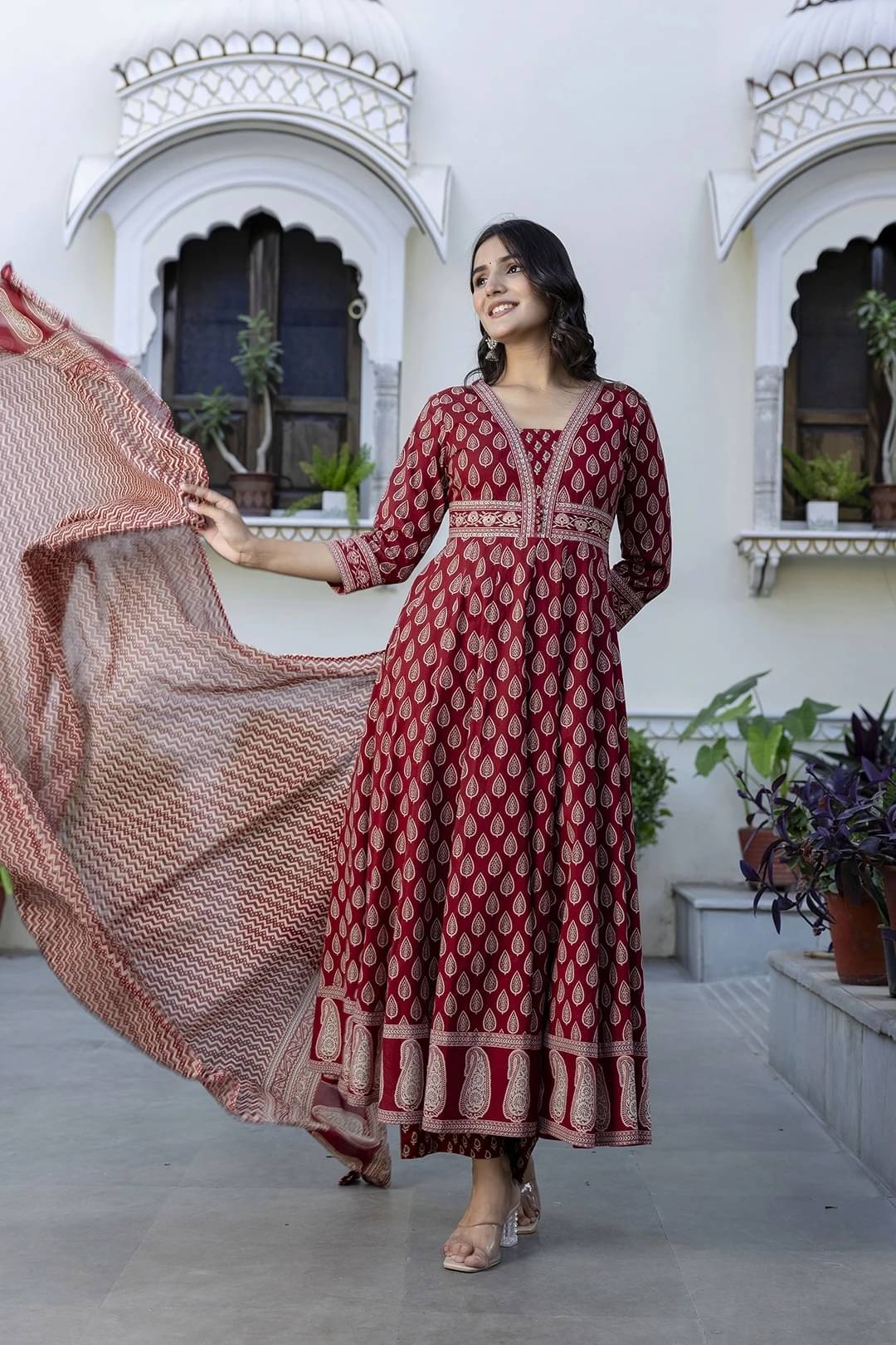 Gulmohar Jaipur Women Cotton Printed Flared Kurti With Palazzo ( Maroon )     			Gulmohar Jaipur Women Cotton Printed Flared Kurti With Palazzo ( Maroon )
