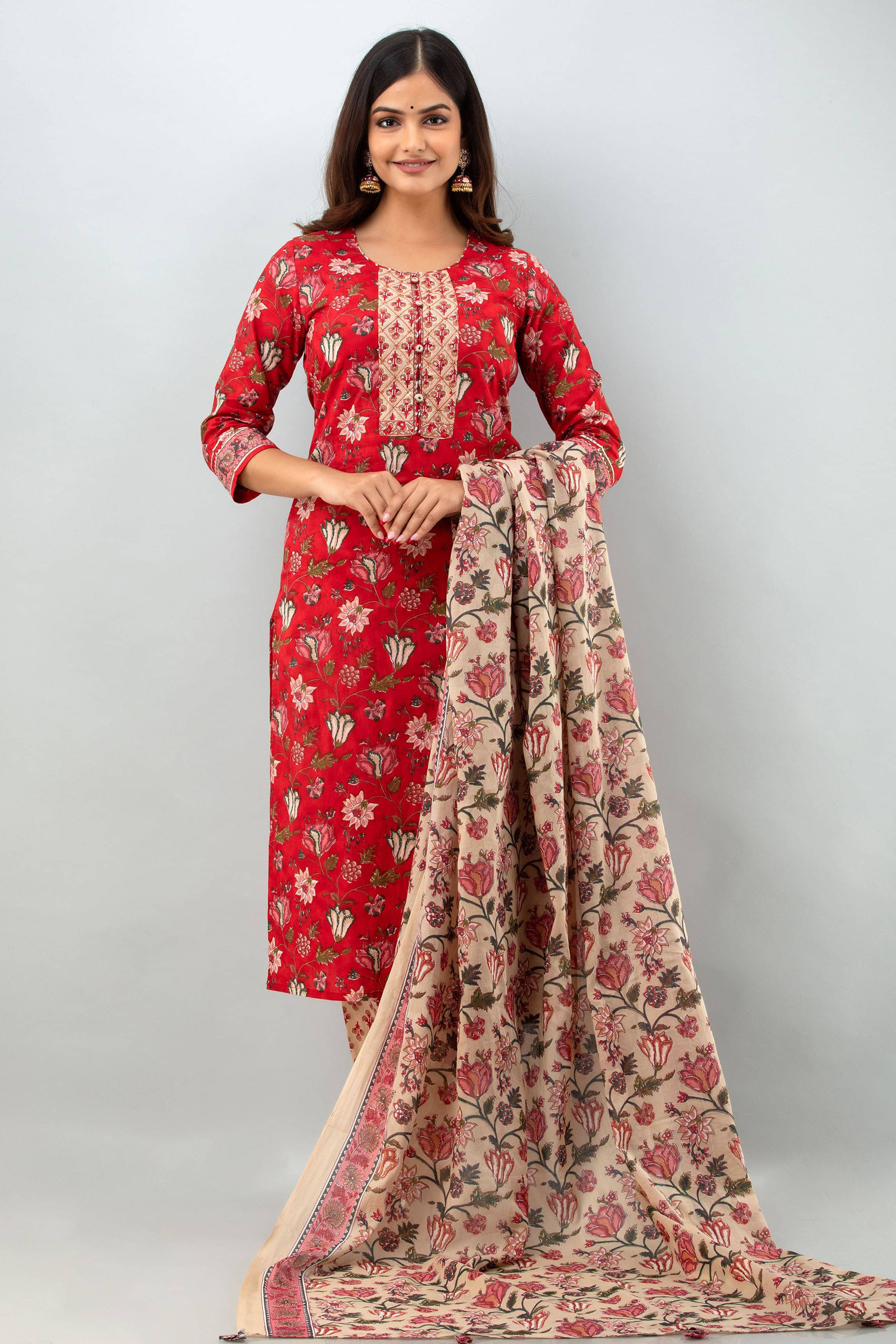 Gulmohar Jaipur Women Cotton Printed Flared Kurti With Pants ( Red ) Gulmohar Jaipur Women Cotton Printed Flared Kurti With Pants ( Red )