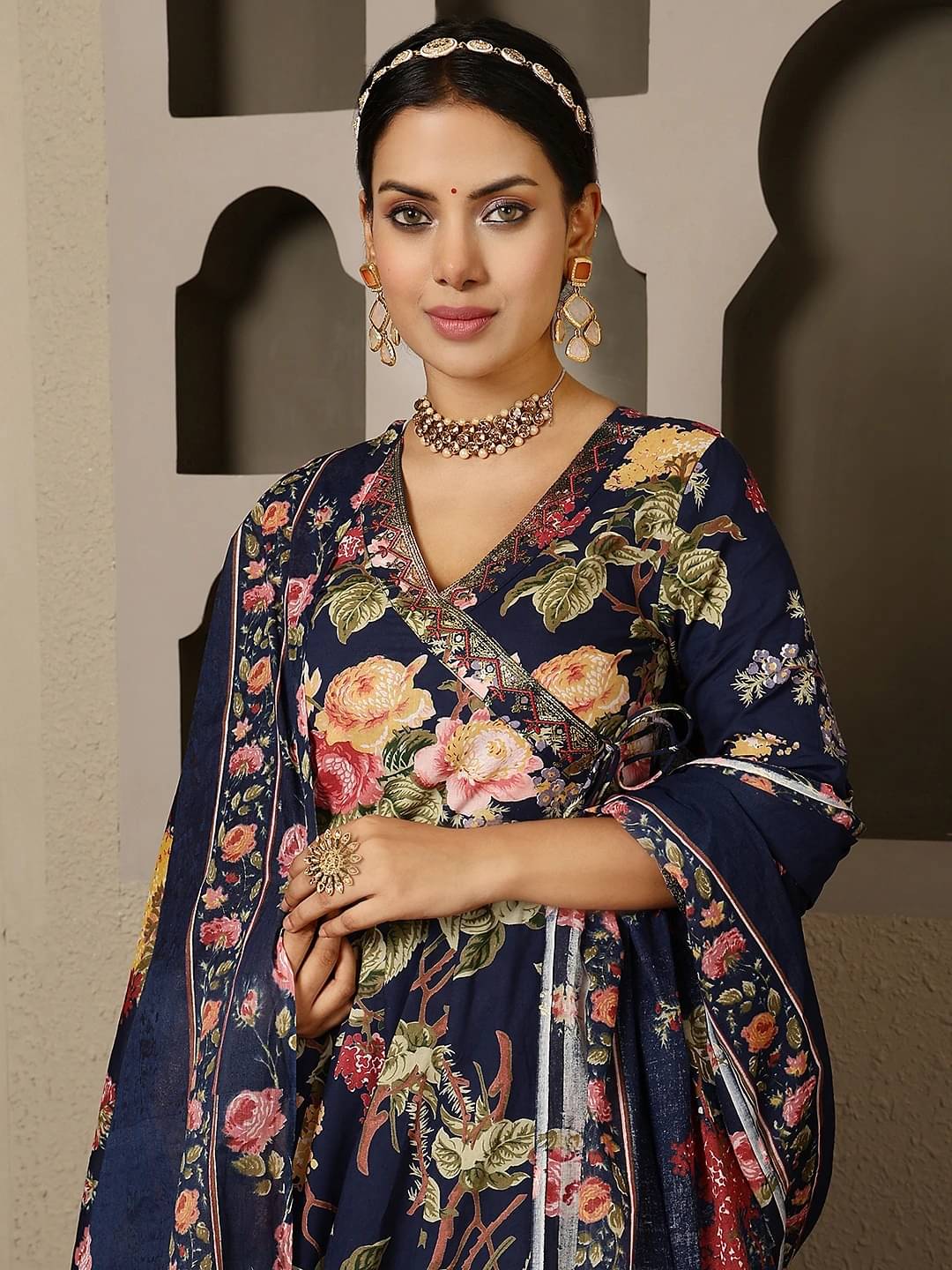     			Gulmohar Jaipur Women Cotton Printed Flared Kurti With Palazzo ( Navy Blue )