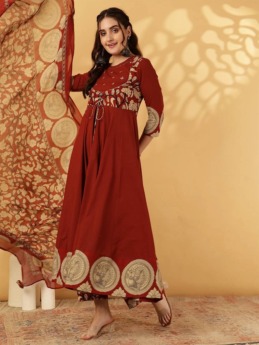 Gulmohar Jaipur Women Rayon Printed Flared Kurti With Palazzo ( Maroon )     			Gulmohar Jaipur Women Rayon Printed Flared Kurti With Palazzo ( Maroon )