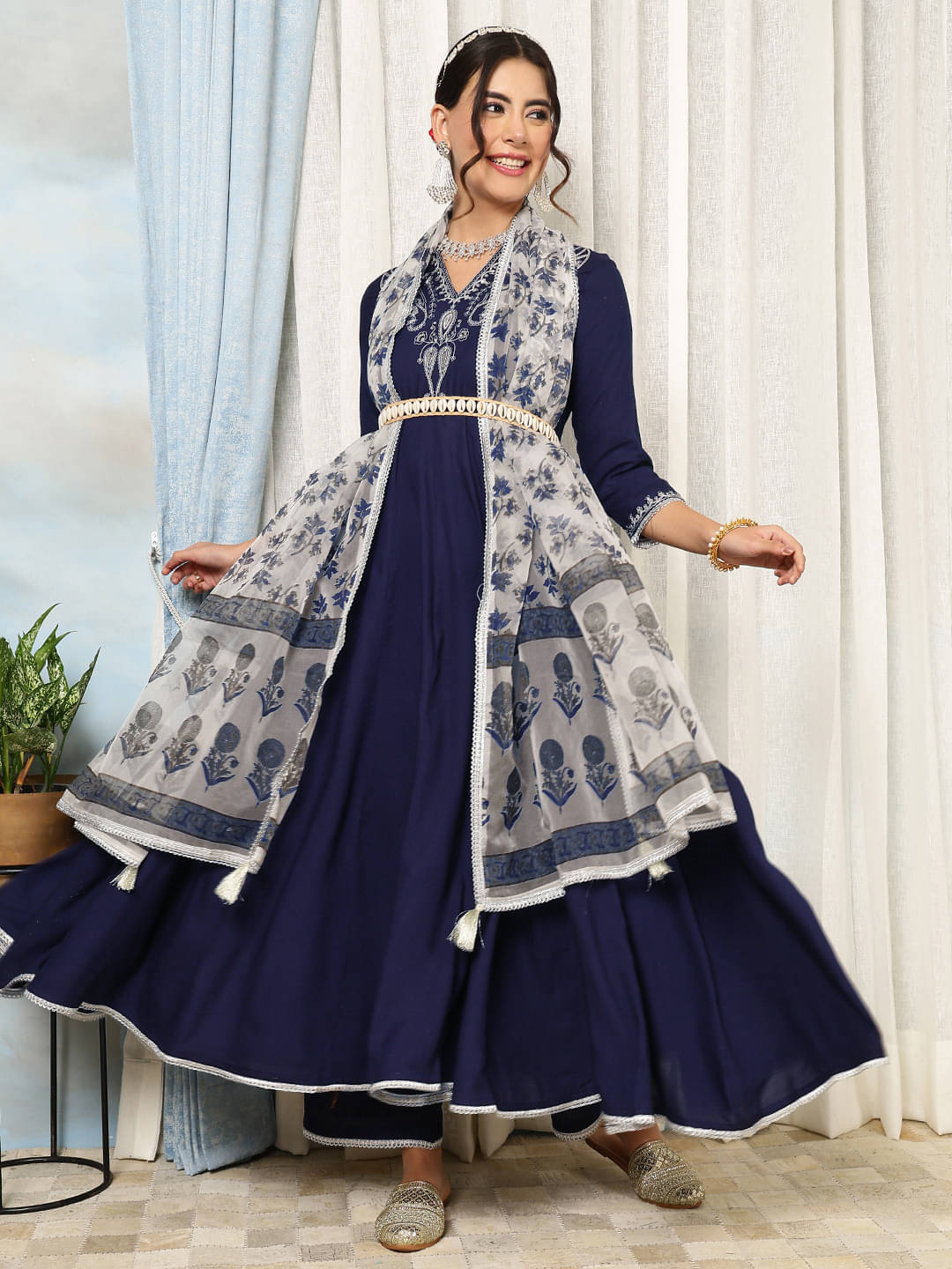 Gulmohar Jaipur Women Rayon Printed Flared Kurti With Palazzo ( Navy Blue ) Gulmohar Jaipur Women Rayon Printed Flared Kurti With Palazzo ( Navy Blue )