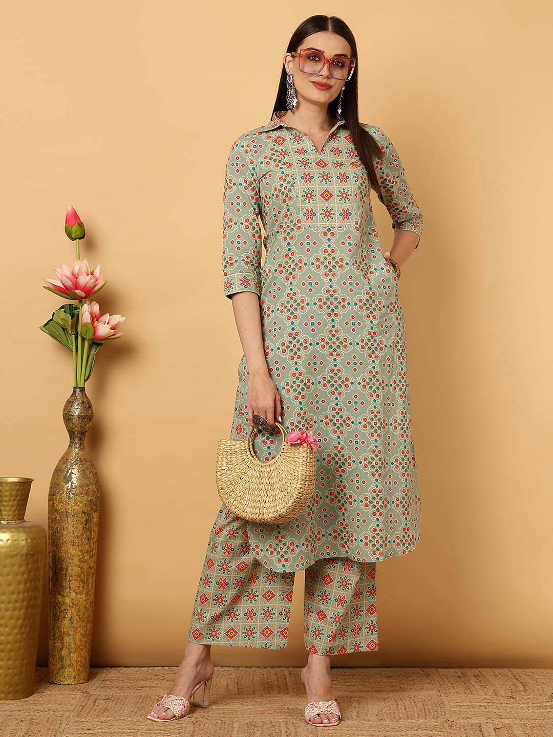     			Gulmohar Jaipur Women Rayon Printed Straight Kurti With Palazzo ( Light Green )