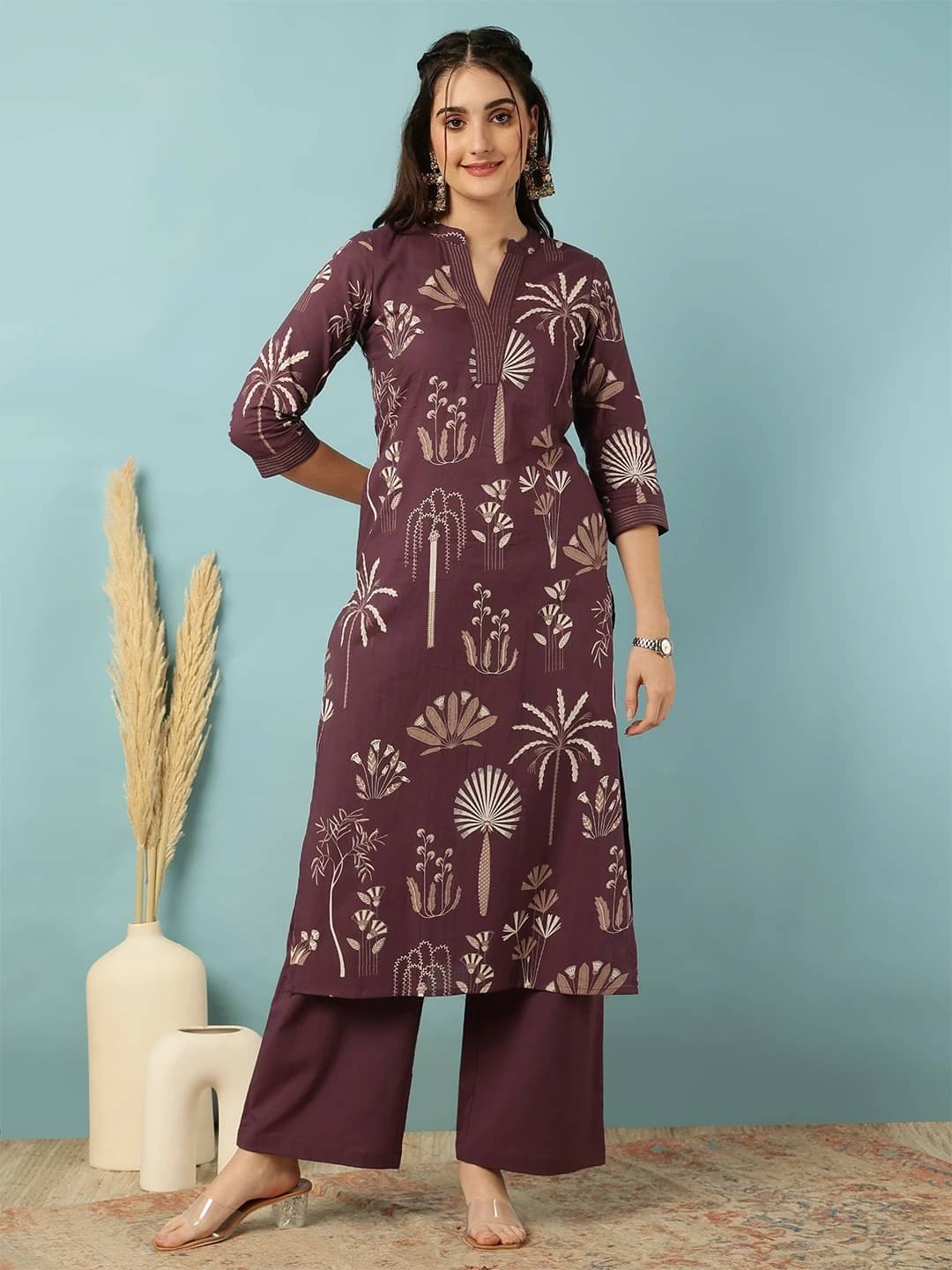     			Gulmohar Jaipur Women Rayon Printed Straight Kurti With Palazzo ( Purple )