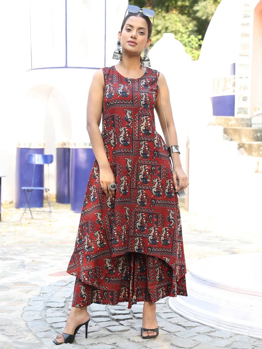 Gulmohar Jaipur Women Rayon Printed Asymmetrical Kurti With Palazzo ( Maroon ) Gulmohar Jaipur Women Rayon Printed Asymmetrical Kurti With Palazzo ( Maroon )