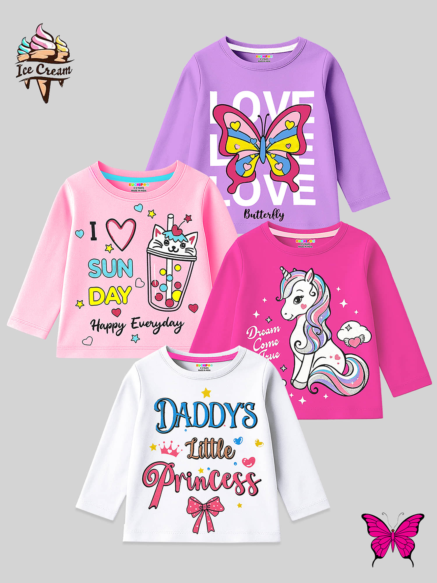 Kuchipoo Pack of 4 Girls Cotton Blend T-Shirt ( Multicolor 7 )