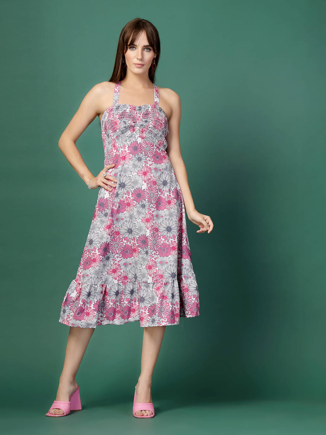     			Oomph! Women Crepe Printed A-line Dress ( Pink )