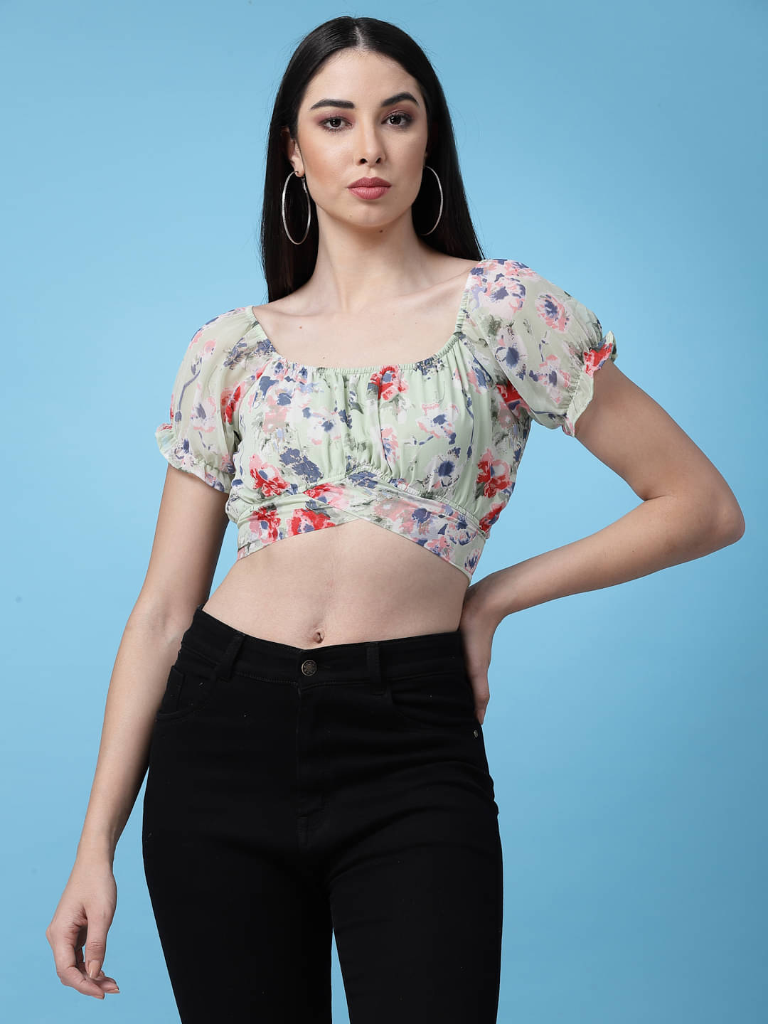 Oomph! Women's Georgette Crop Top ( Green ) Oomph! Women's Georgette Crop Top ( Green )
