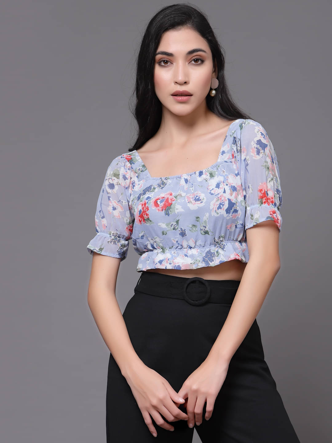 Oomph! Women's Georgette Crop Top ( Grey ) Oomph! Women's Georgette Crop Top ( Grey )