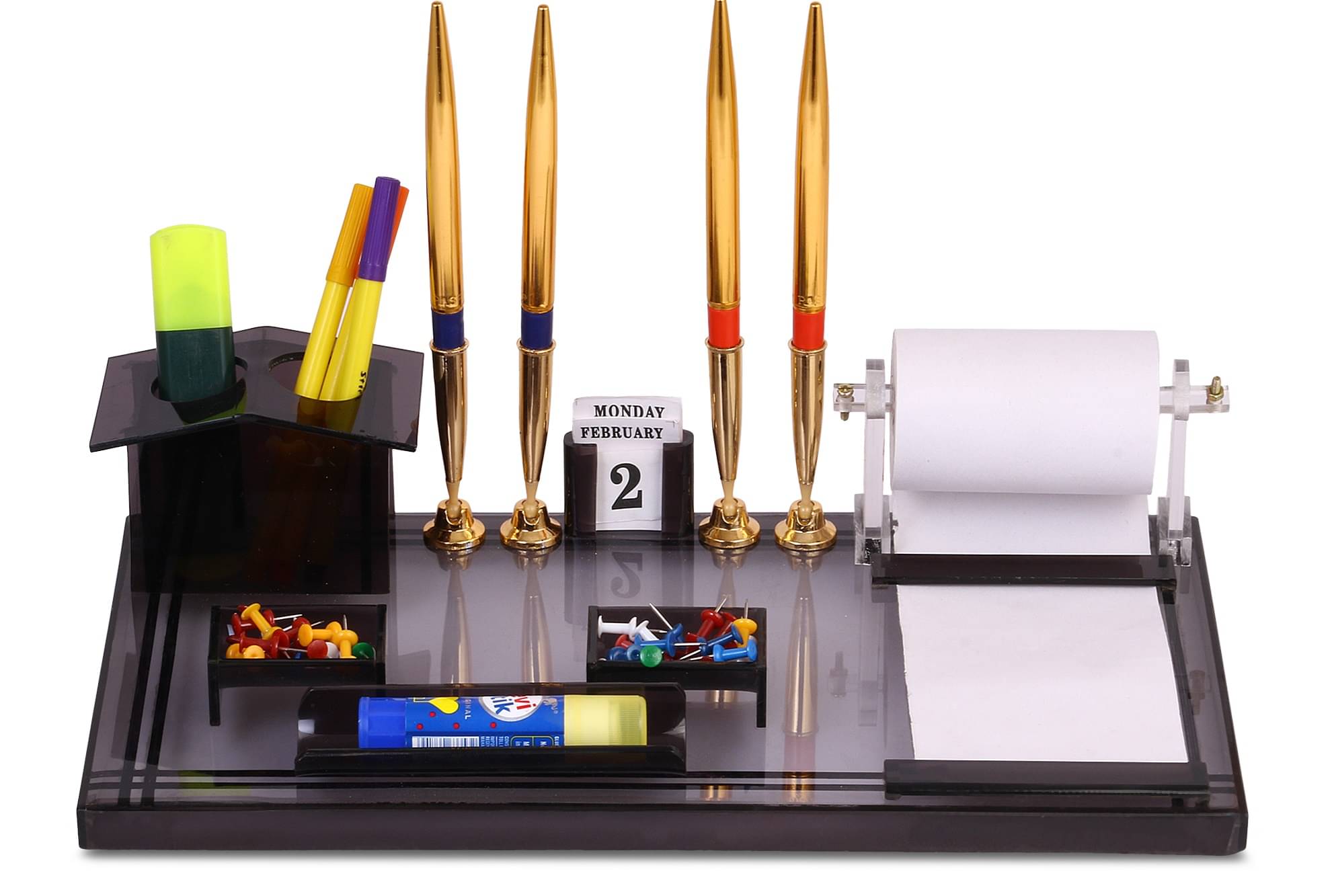     			Rasper Acrylic Pen Stand For Study Table Multipurpose Desk Organizer For Office Desk Accessories Stationery Organizer With 4 Pen & Visiting Card Holder Office Table Top Pen Holder (14x7.5 Inches)