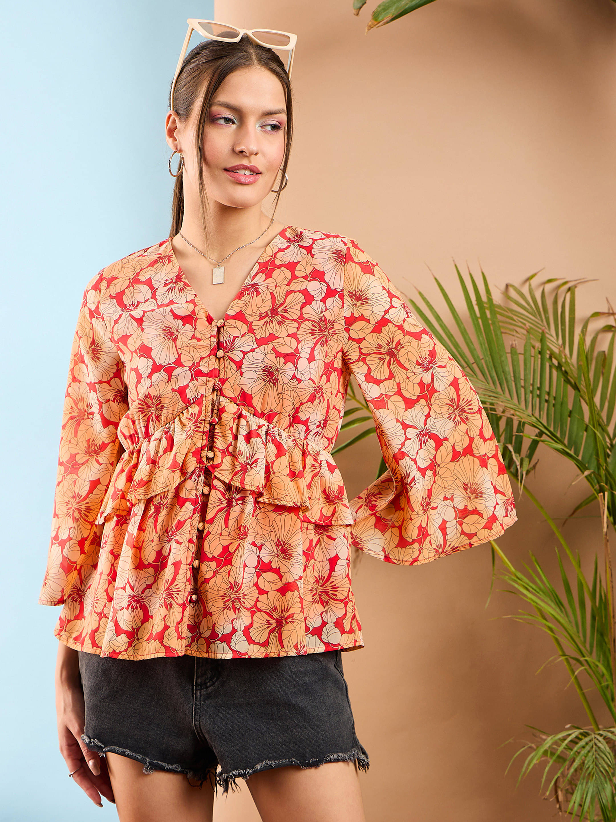     			Sassafras Women's Georgette Peplum Top ( Red )