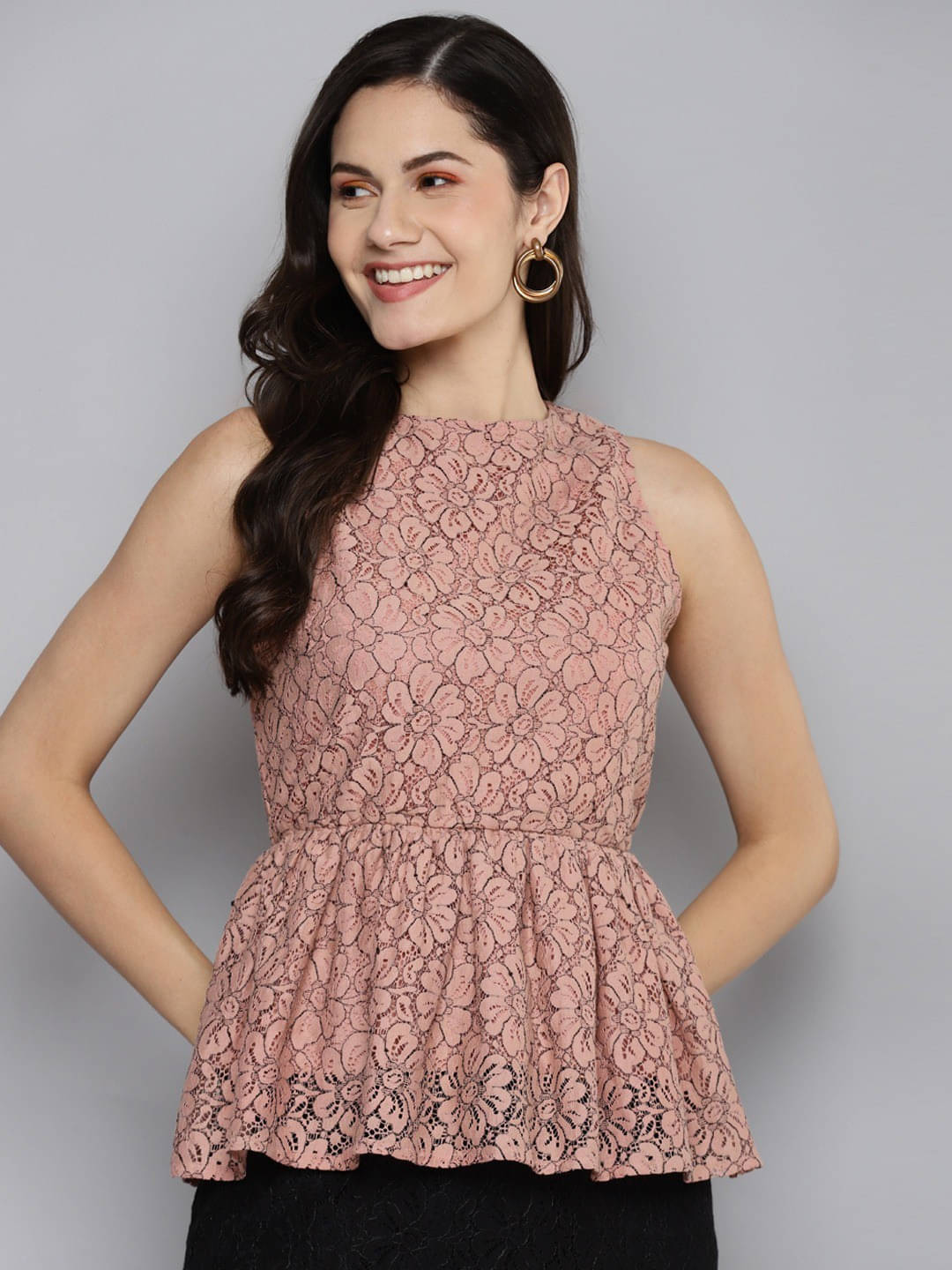 Sassafras Women's Lace Peplum Top ( Brown ) Sassafras Women's Lace Peplum Top ( Brown )