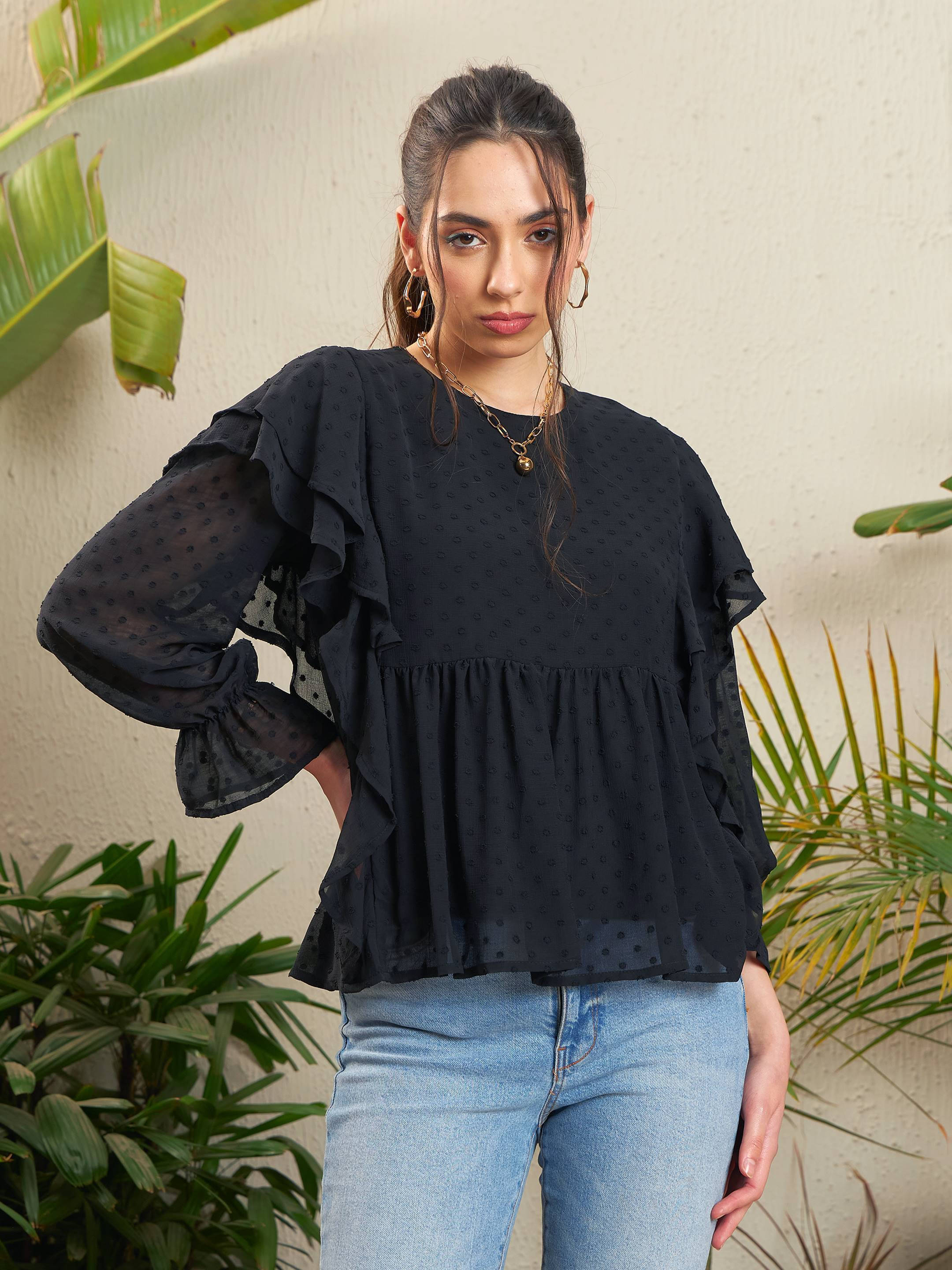     			Sassafras Women's Polyester Peplum Top ( Black )