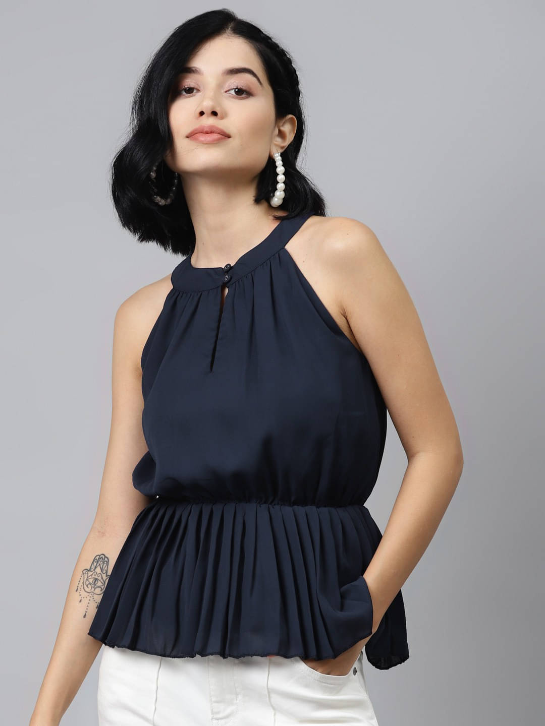 Sassafras Women's Polyester Peplum Top ( Navy Blue ) Sassafras Women's Polyester Peplum Top ( Navy Blue )