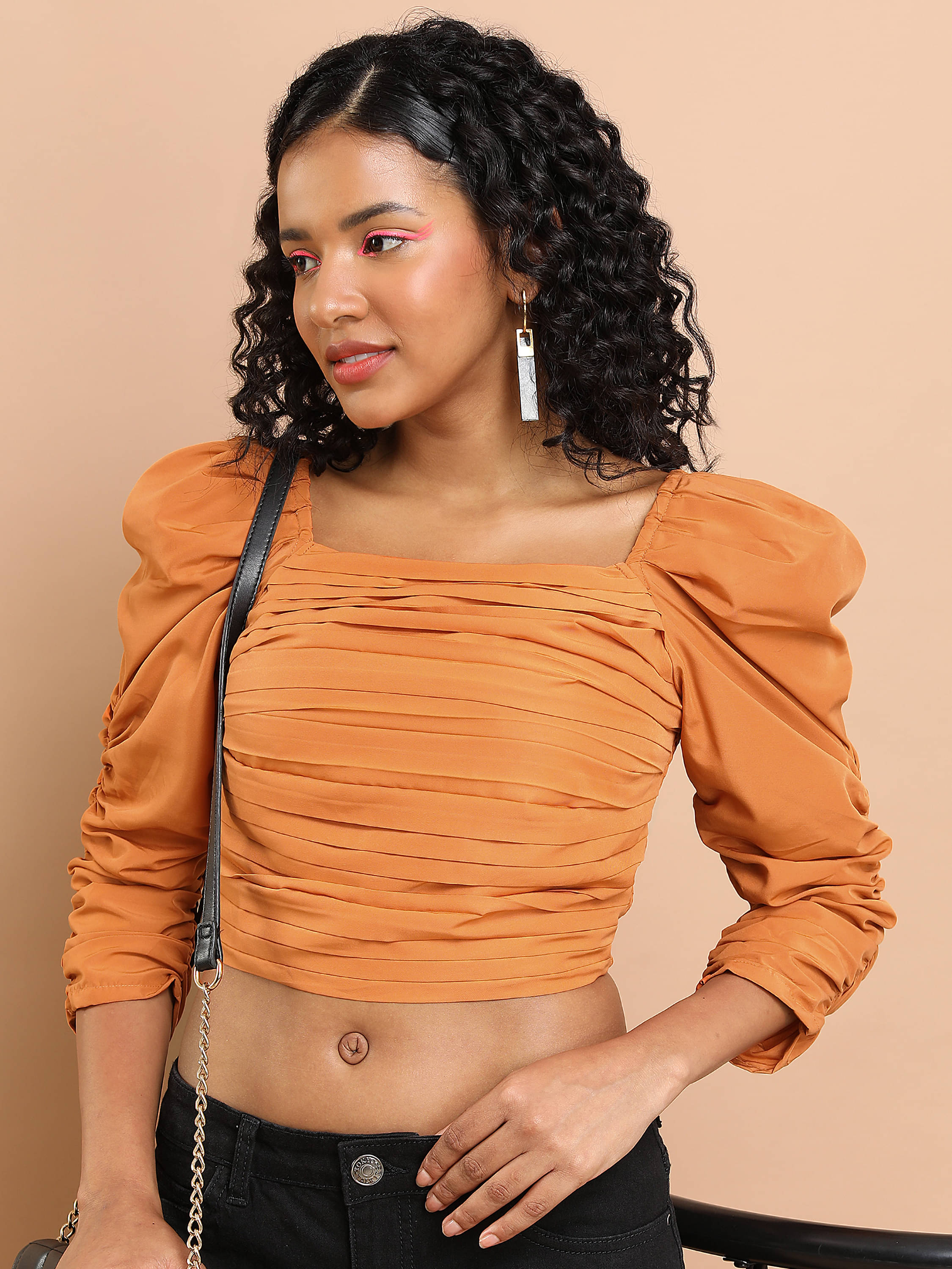 Tokyo Talkies Women's Polyester Crop Top ( Brown ) Tokyo Talkies Women's Polyester Crop Top ( Brown )