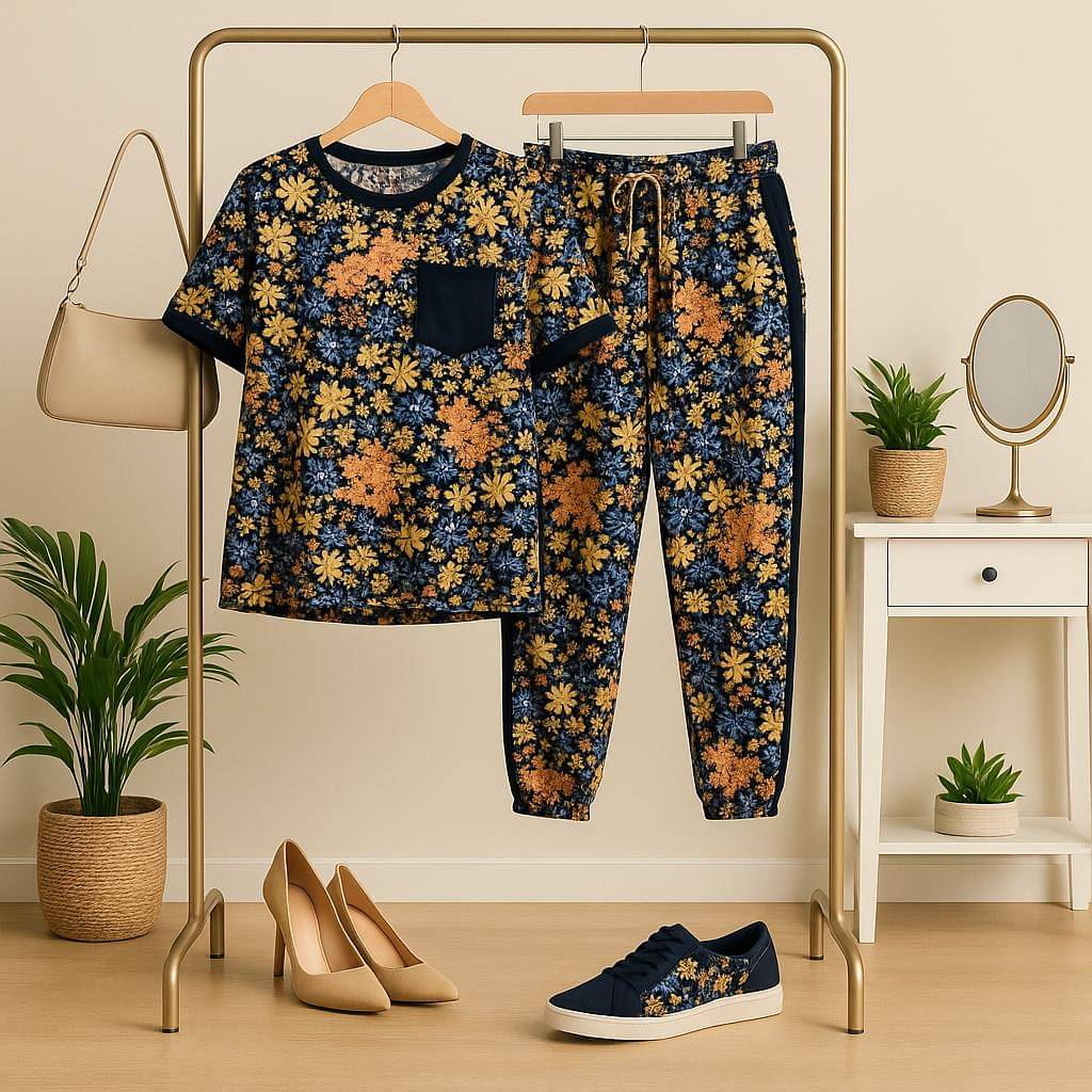     			AUSTIVO Women Printed Top With Trousers Co-Ord Set ( Yellow )