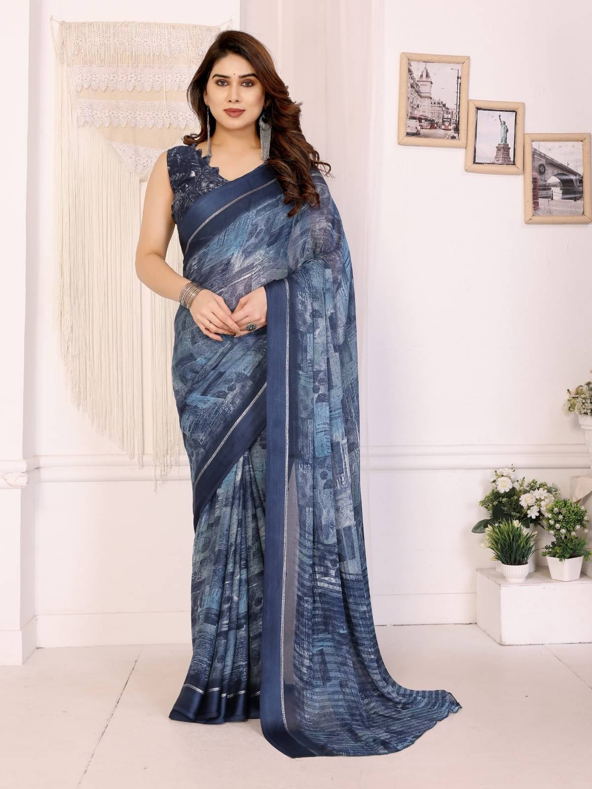     			BLEESBURY Chiffon Printed Regular Saree With Unstitched Blouse Piece ( Blue )
