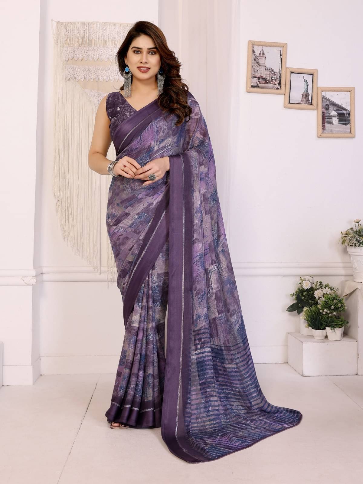     			BLEESBURY Chiffon Printed Regular Saree With Unstitched Blouse Piece ( Purple )