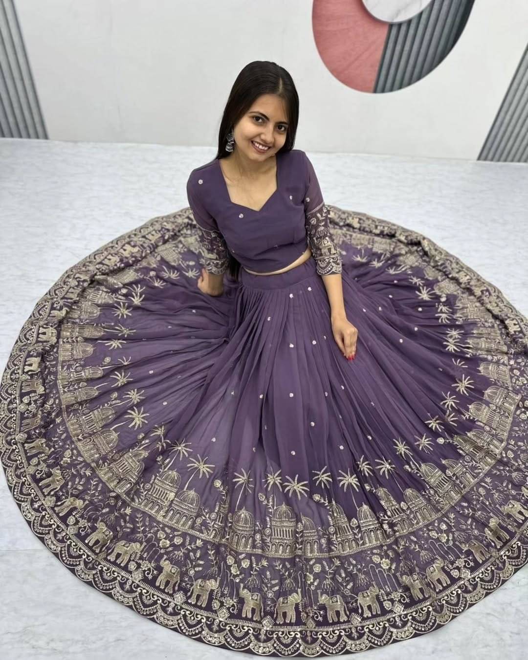     			CYNOR Purple Chiffon Circular Semi Stitched Lehenga Single