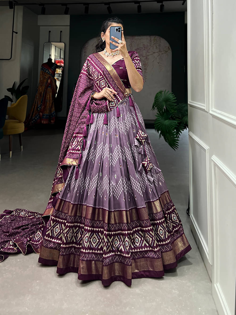    			CYNOR Purple Tussar Silk Circular Semi Stitched Lehenga Single