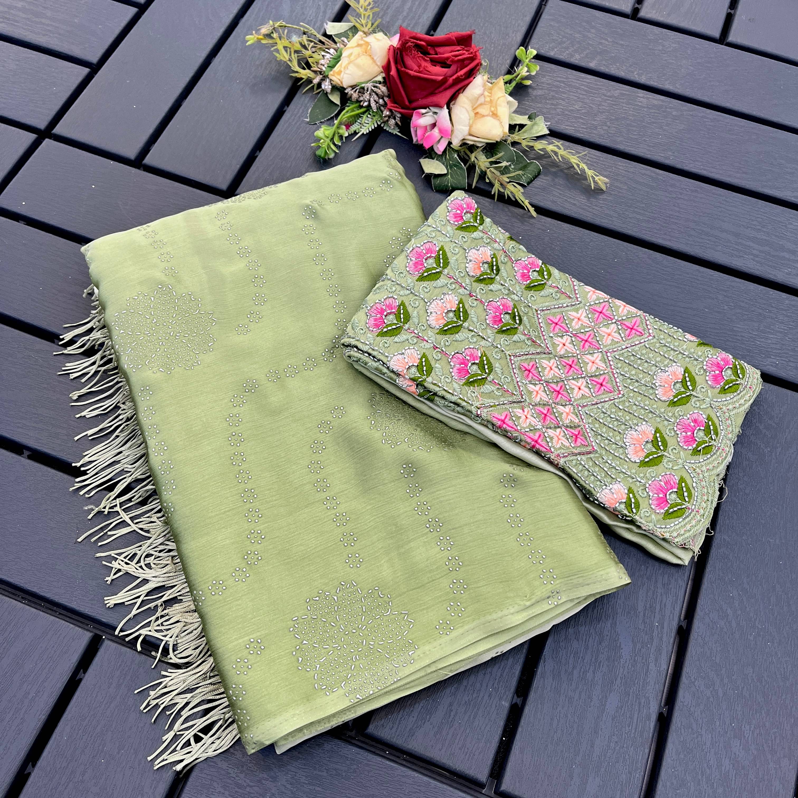 ETHINA Chiffon Embroidered Regular Saree With Unstitched Blouse Piece ( Green ) ETHINA Chiffon Embroidered Regular Saree With Unstitched Blouse Piece ( Green )