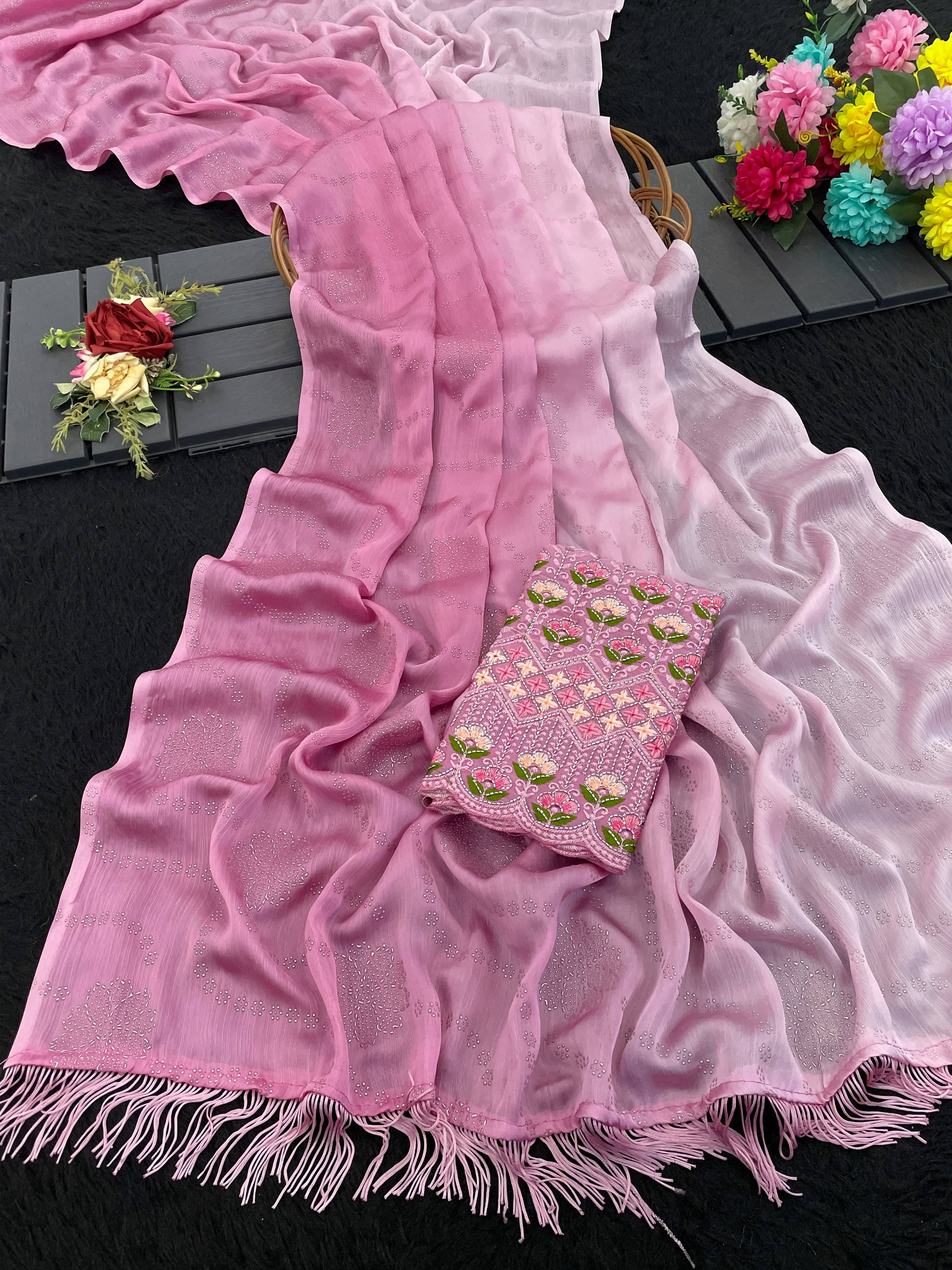     			ETHINA Chiffon Embroidered Regular Saree With Unstitched Blouse Piece ( Pink )