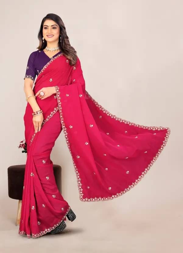     			ETHINA Jimmy Choo Embroidered Chanderi saree With Unstitched Blouse Piece ( Red )