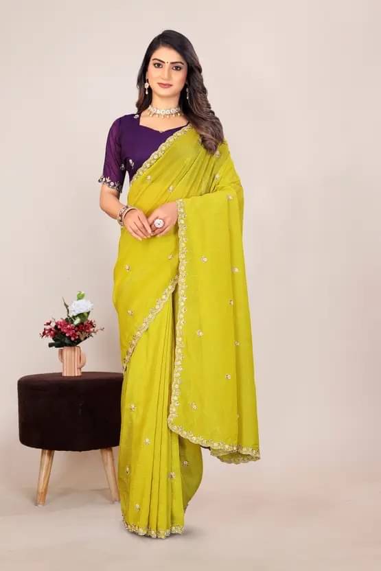     			ETHINA Jimmy Choo Embroidered Chanderi saree With Unstitched Blouse Piece ( Yellow )