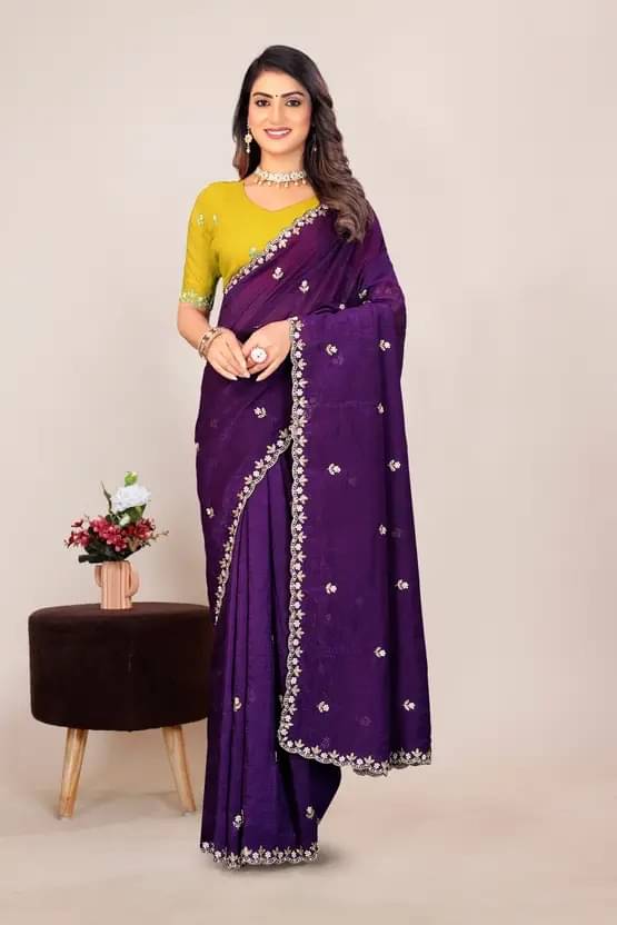     			ETHINA Jimmy Choo Embroidered Chanderi saree With Unstitched Blouse Piece ( Purple )