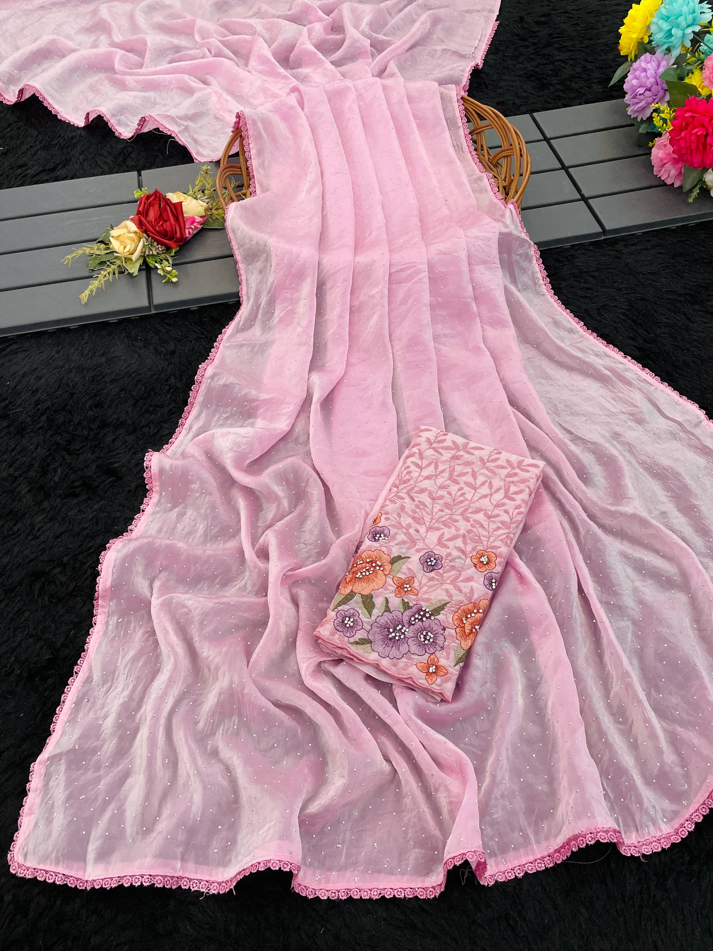 ETHINA Jimmy Choo Embroidered Regular Saree With Unstitched Blouse Piece ( Pink ) ETHINA Jimmy Choo Embroidered Regular Saree With Unstitched Blouse Piece ( Pink )