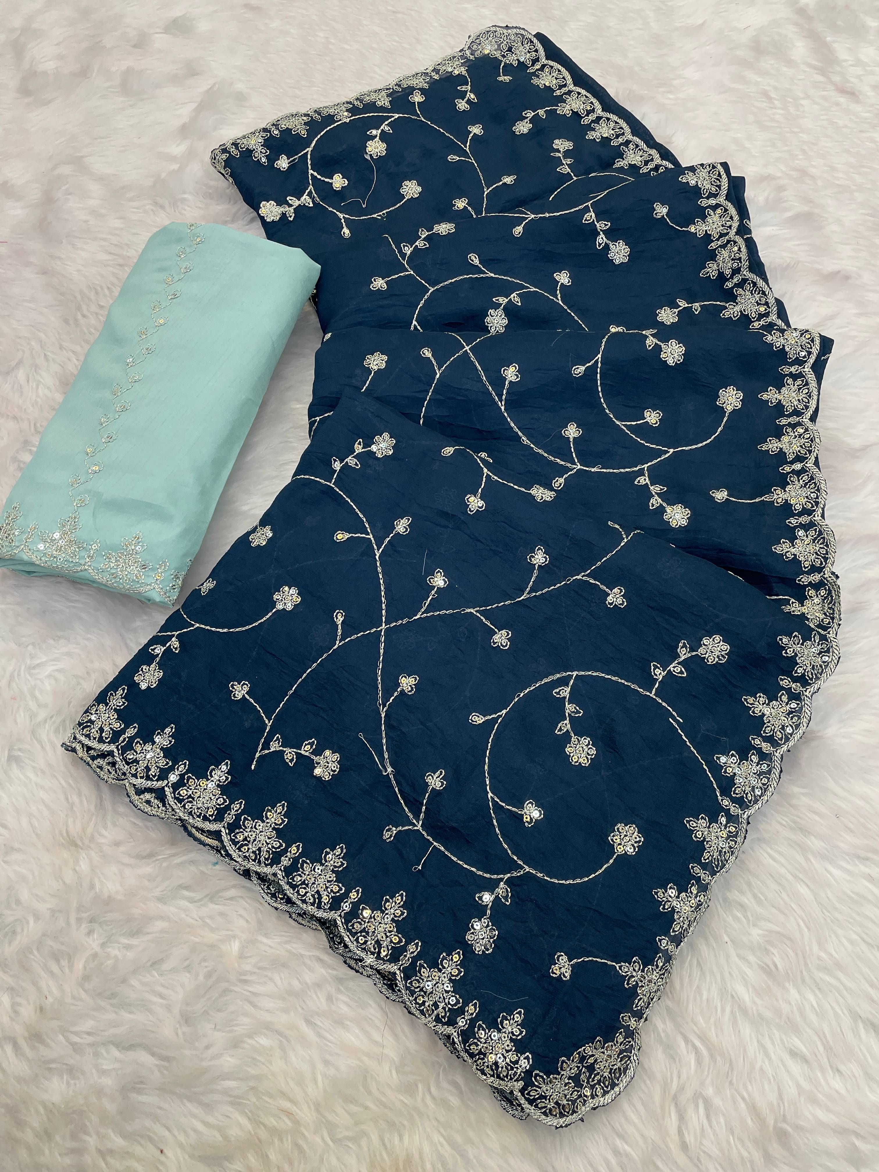 ETHINA Jimmy Choo Embroidered Regular Saree With Unstitched Blouse Piece ( Blue ) ETHINA Jimmy Choo Embroidered Regular Saree With Unstitched Blouse Piece ( Blue )