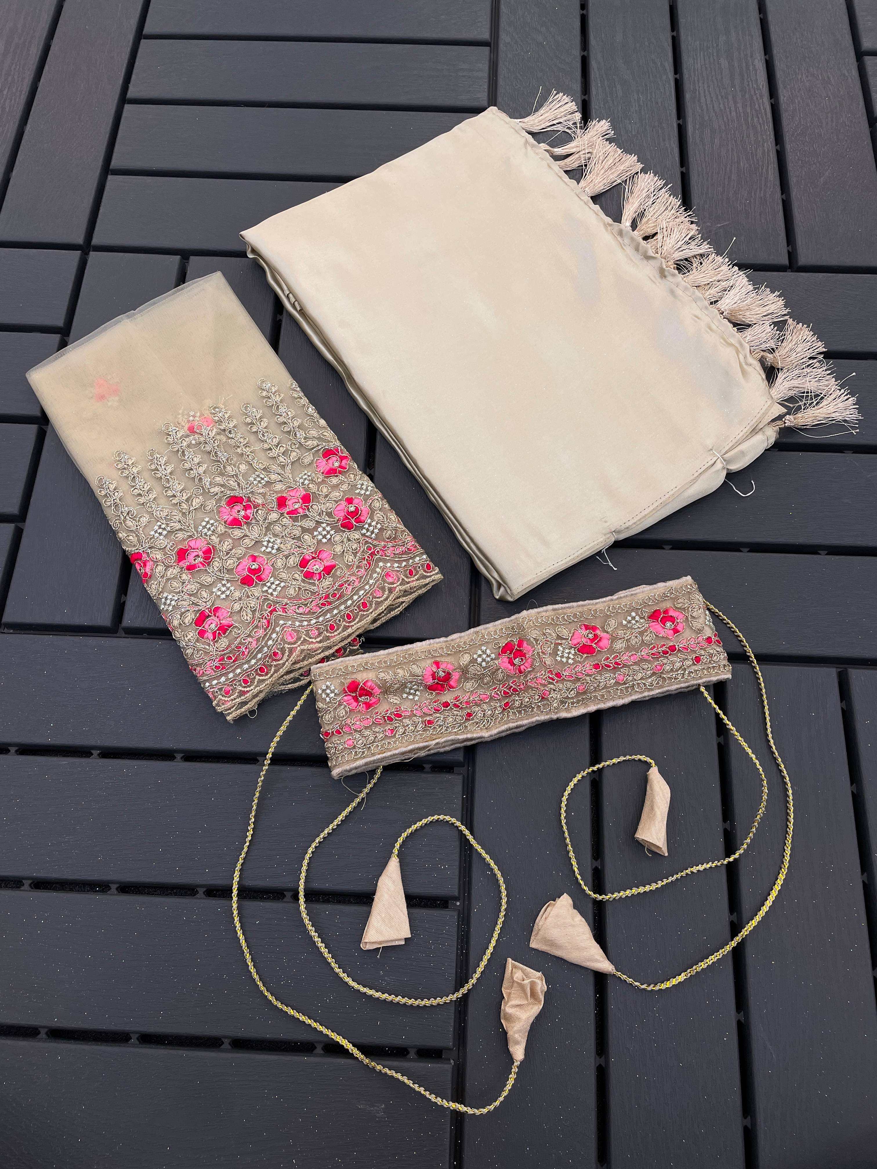 ETHINA Satin Embroidered Regular Saree With Unstitched Blouse Piece ( Beige ) ETHINA Satin Embroidered Regular Saree With Unstitched Blouse Piece ( Beige )