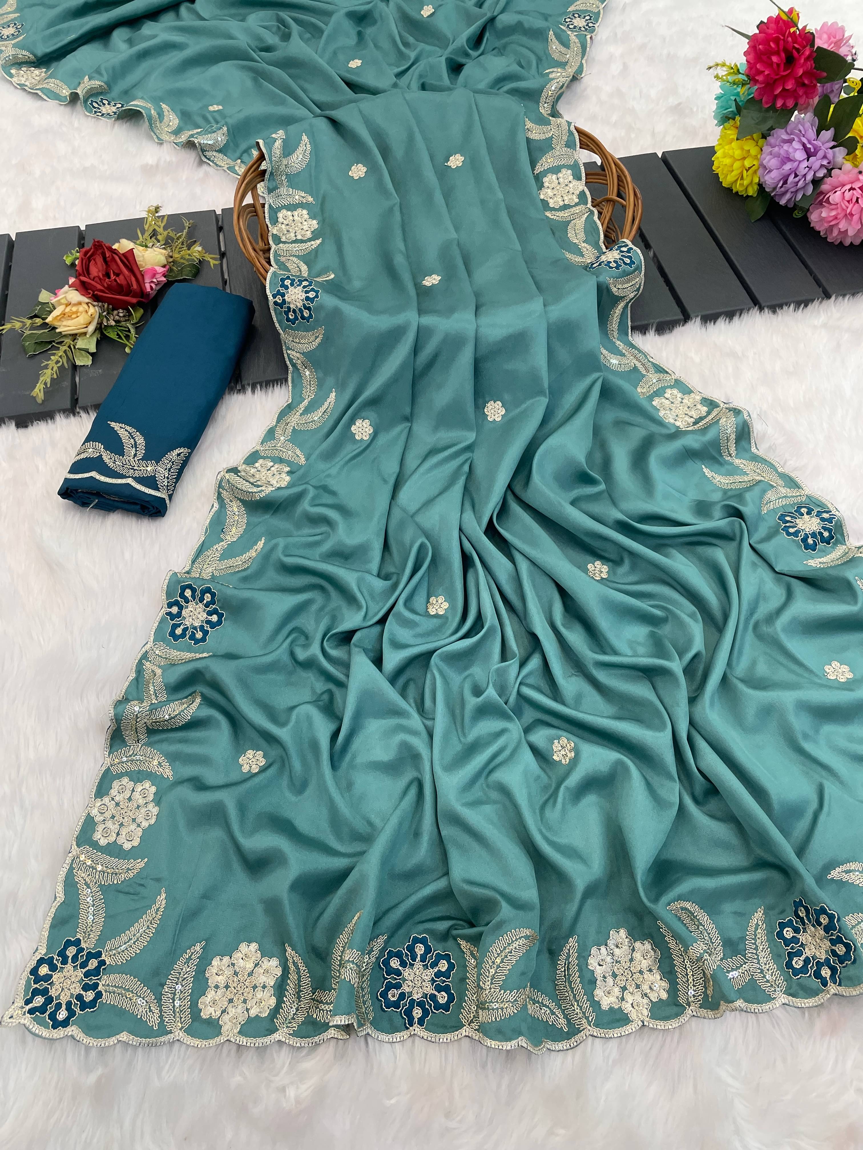     			ETHINA Silk Blend Embroidered Regular Saree With Unstitched Blouse Piece ( Blue )