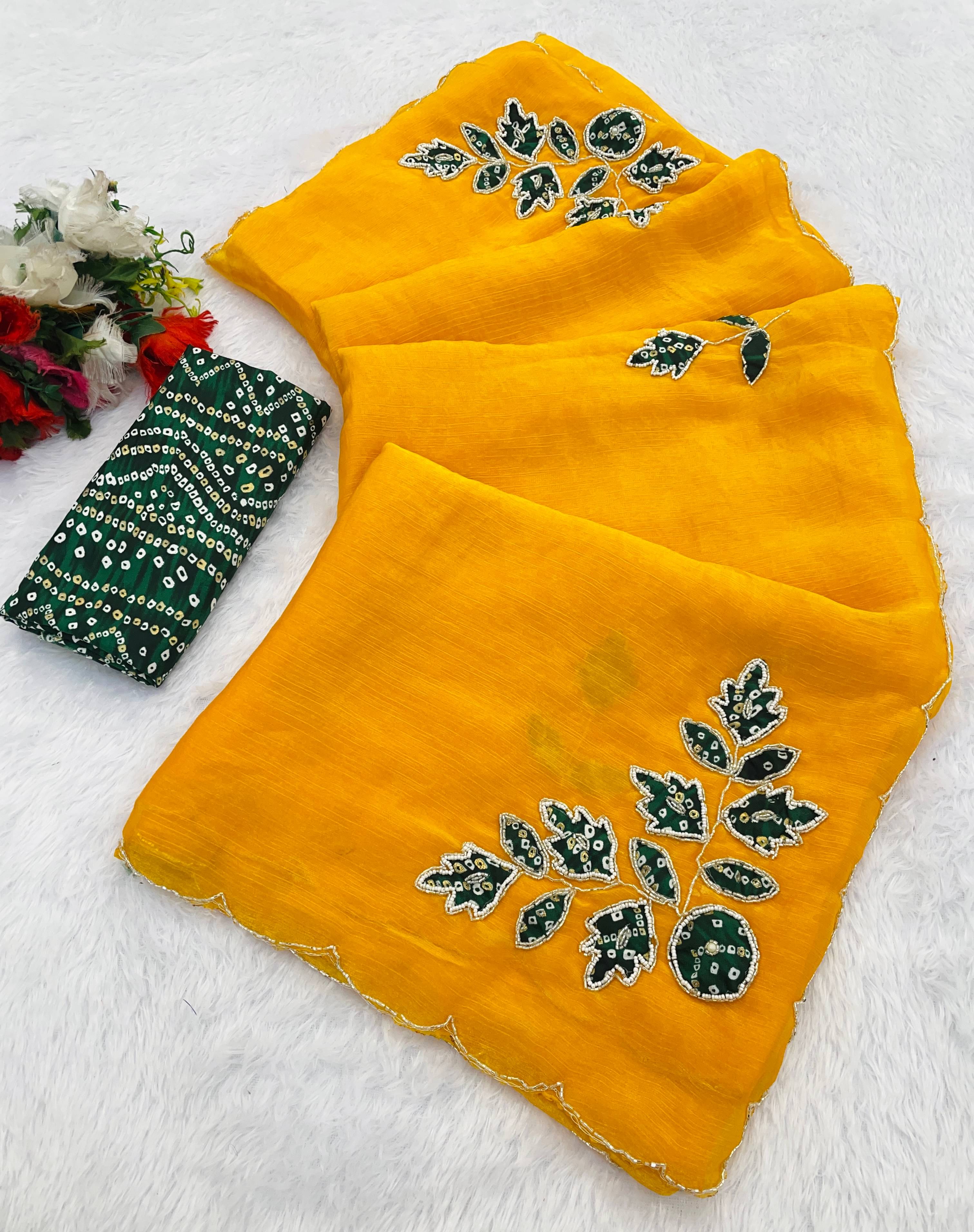     			Elite Fashion Chiffon Embroidered Regular Saree With Unstitched Blouse Piece ( Yellow )