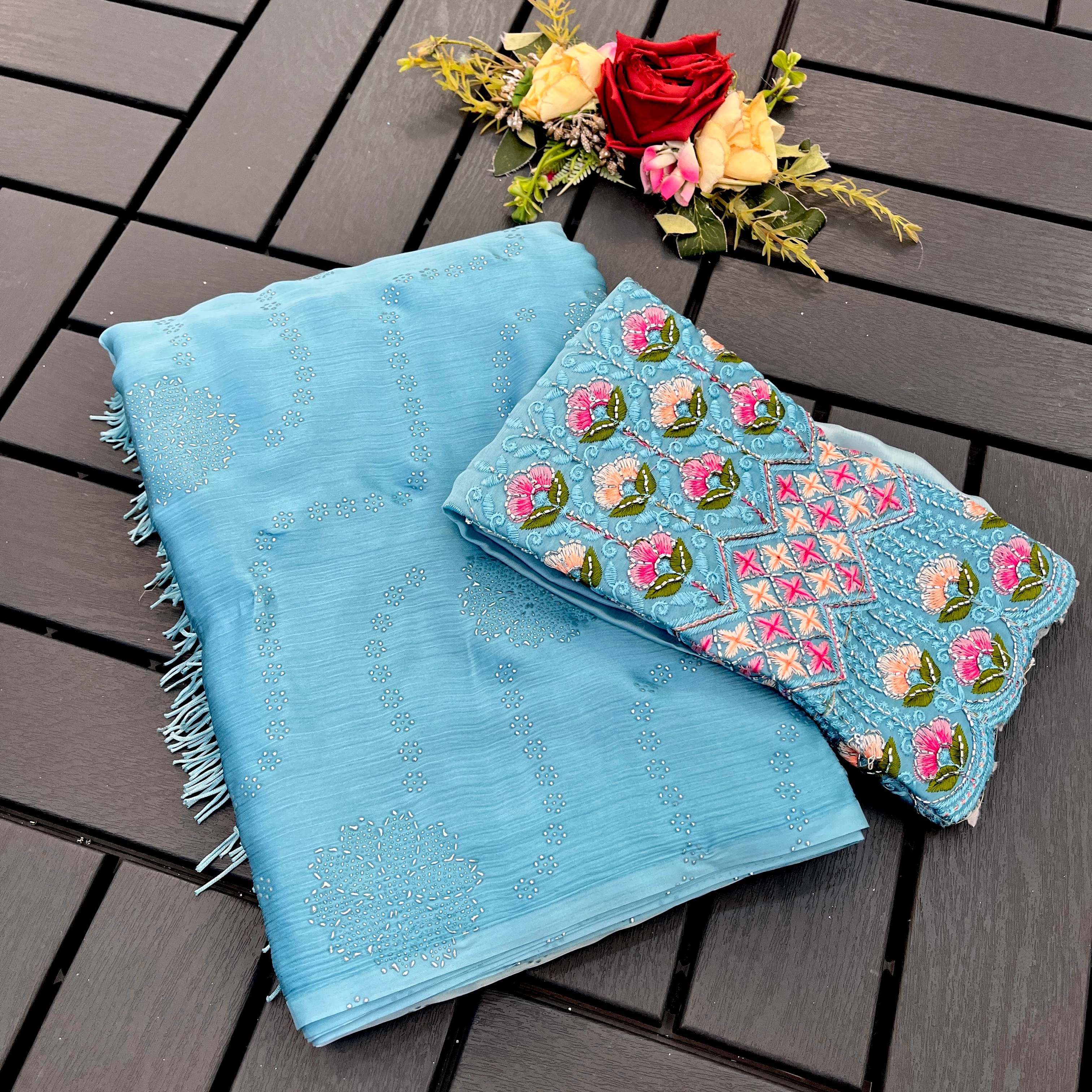     			Elite Fashion Chiffon Embroidered Regular Saree With Unstitched Blouse Piece ( Blue )